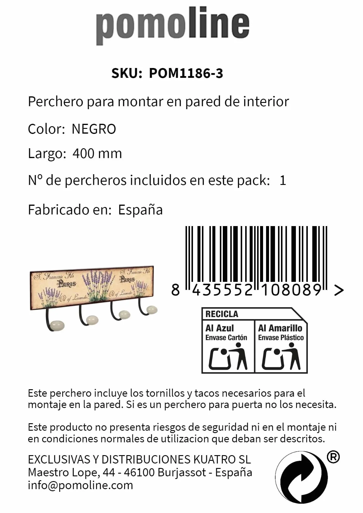PERCHA Pared Vintage 4 Ganchos Porcelana LAVANDA Provenza Retro 400x155MM