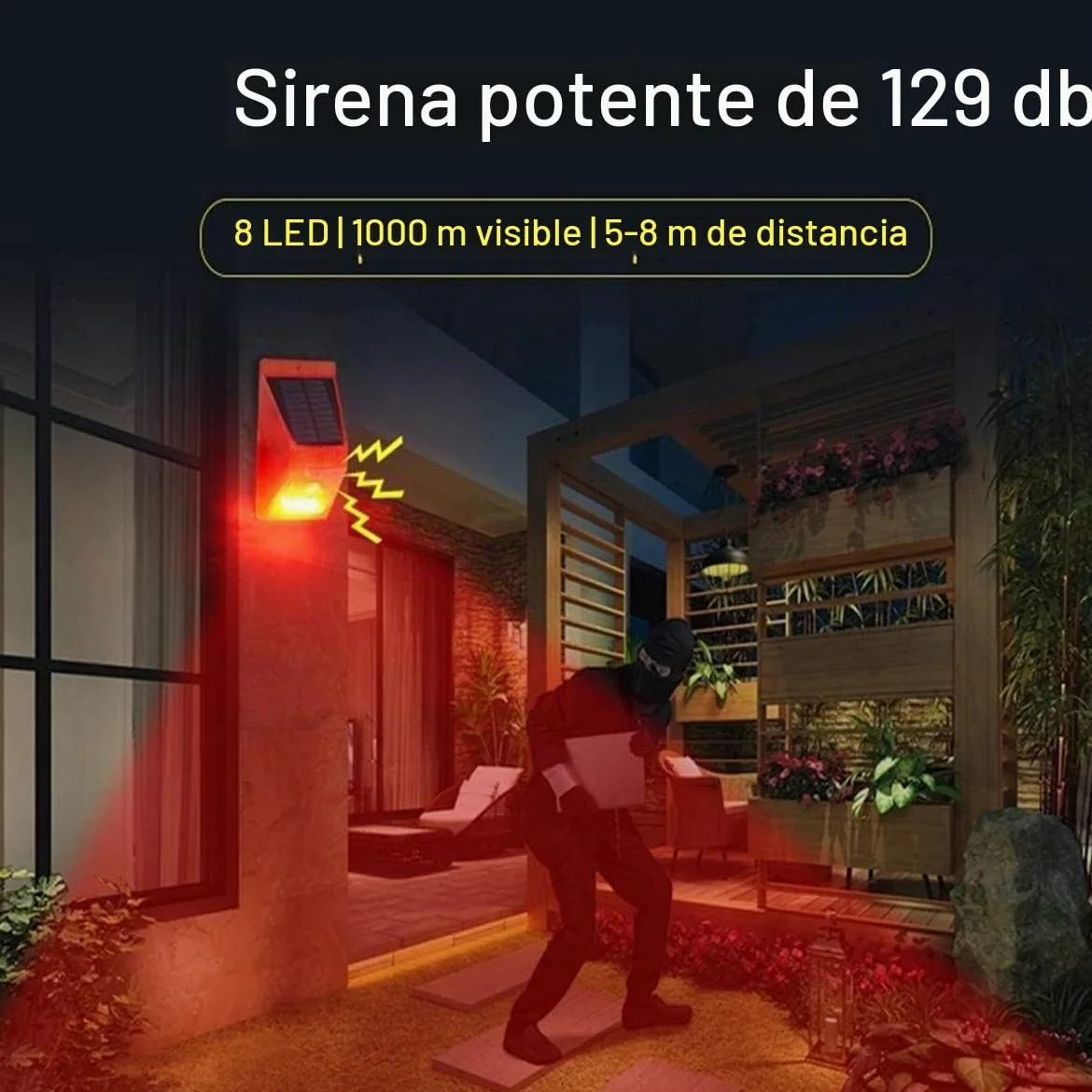 Alarma Solar con Sensor de Movimiento para Exteriores, generador de Ruido de Sirena de 129 dB , 4 Modos de Trabajo,con Control Remoto, para Patio, Granja