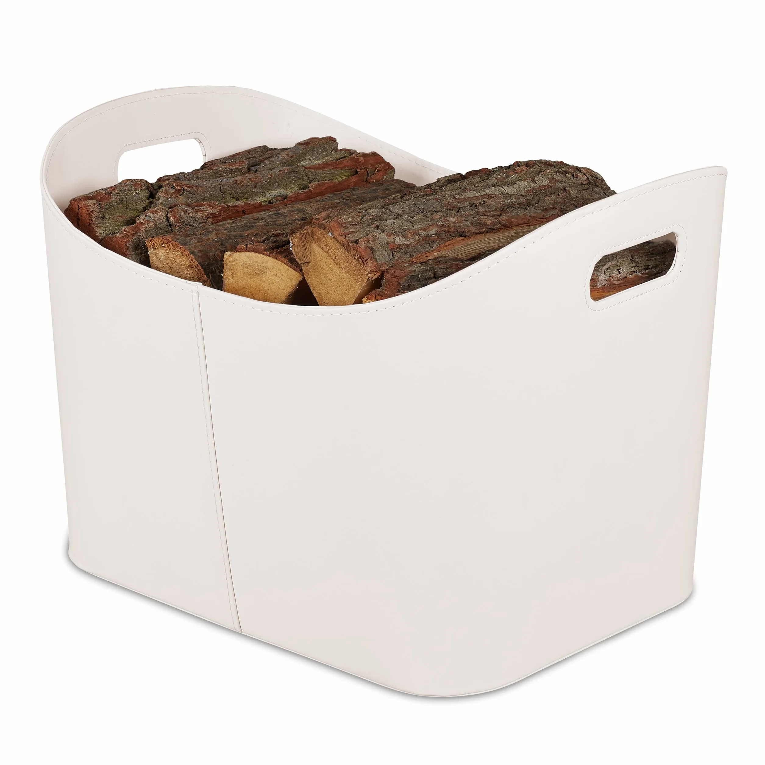 Relaxdays Cesta para Leña Piel Sintética XL, Canasto para Troncos con Asas, para Madera de Chimenea, Blanco Crema