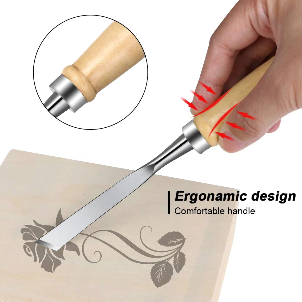 Flintronic Herramienta de Talla de Madera, 12 Formones + 4 Piedras de Afilar, Gubias para Grabadores DIY - Mango y Carrete de Madera