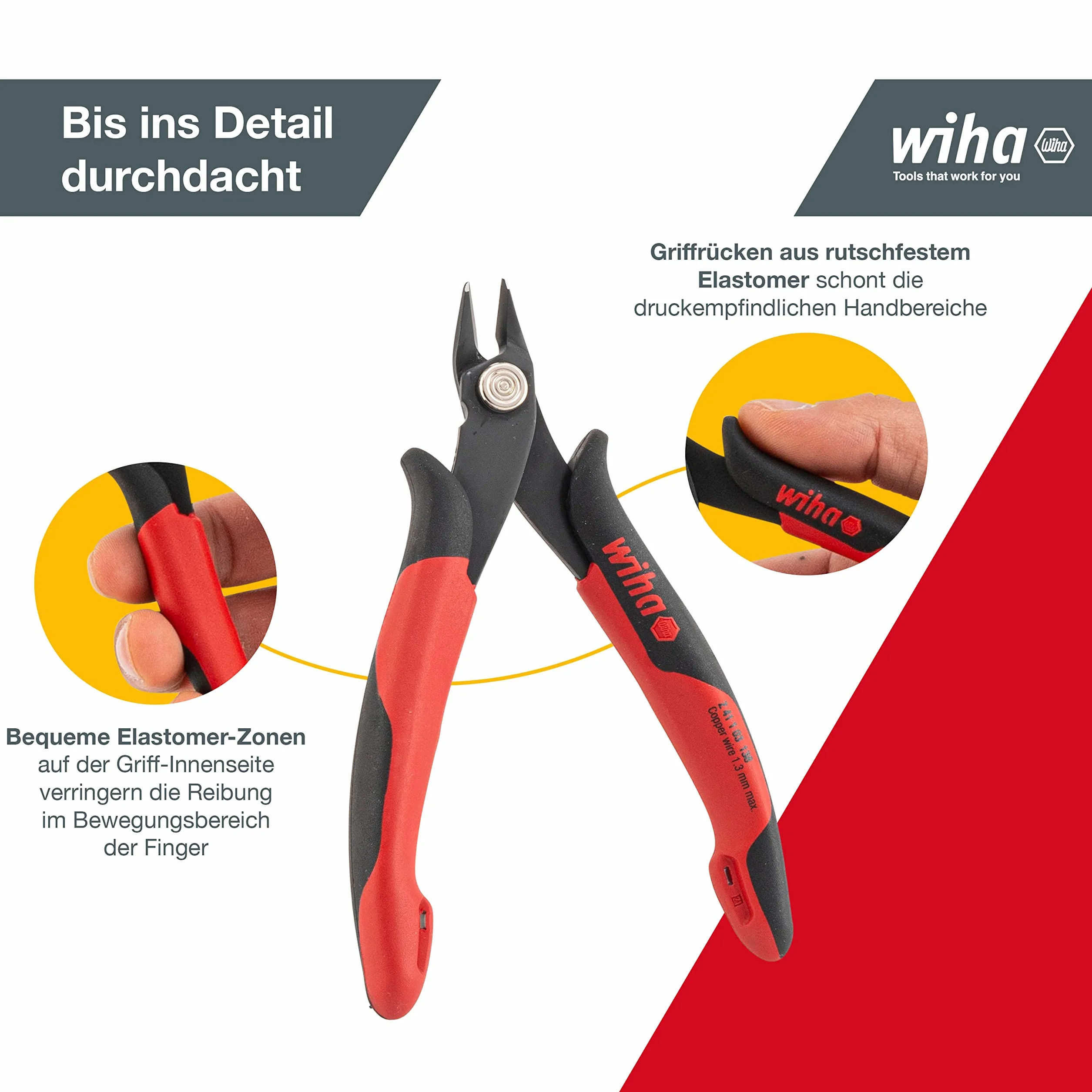 Wiha Alicates de corte diagonal Electronic con cabeza puntiaguda ancha sin chaflán 130 mm, 5 1/2" (26818)