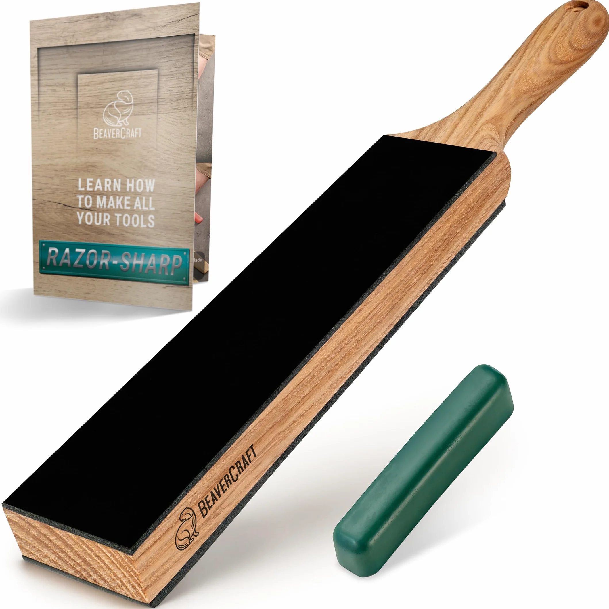 BeaverCraft Correa de Cuero para Afilado – Doble Cara con Compuesto, Bloque Afilado 14" para Herramientas Tallado, Cinceles, Kit Afilado LS6P1