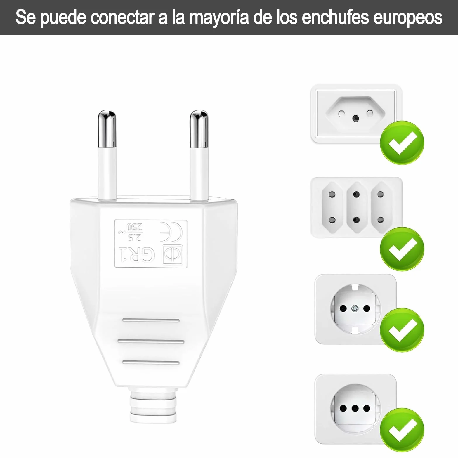 Enchufe Europeo Plano Schuko 250V 2.5A Blanco, Clavija Eléctrica Macho para Instalar o Reemplazar
