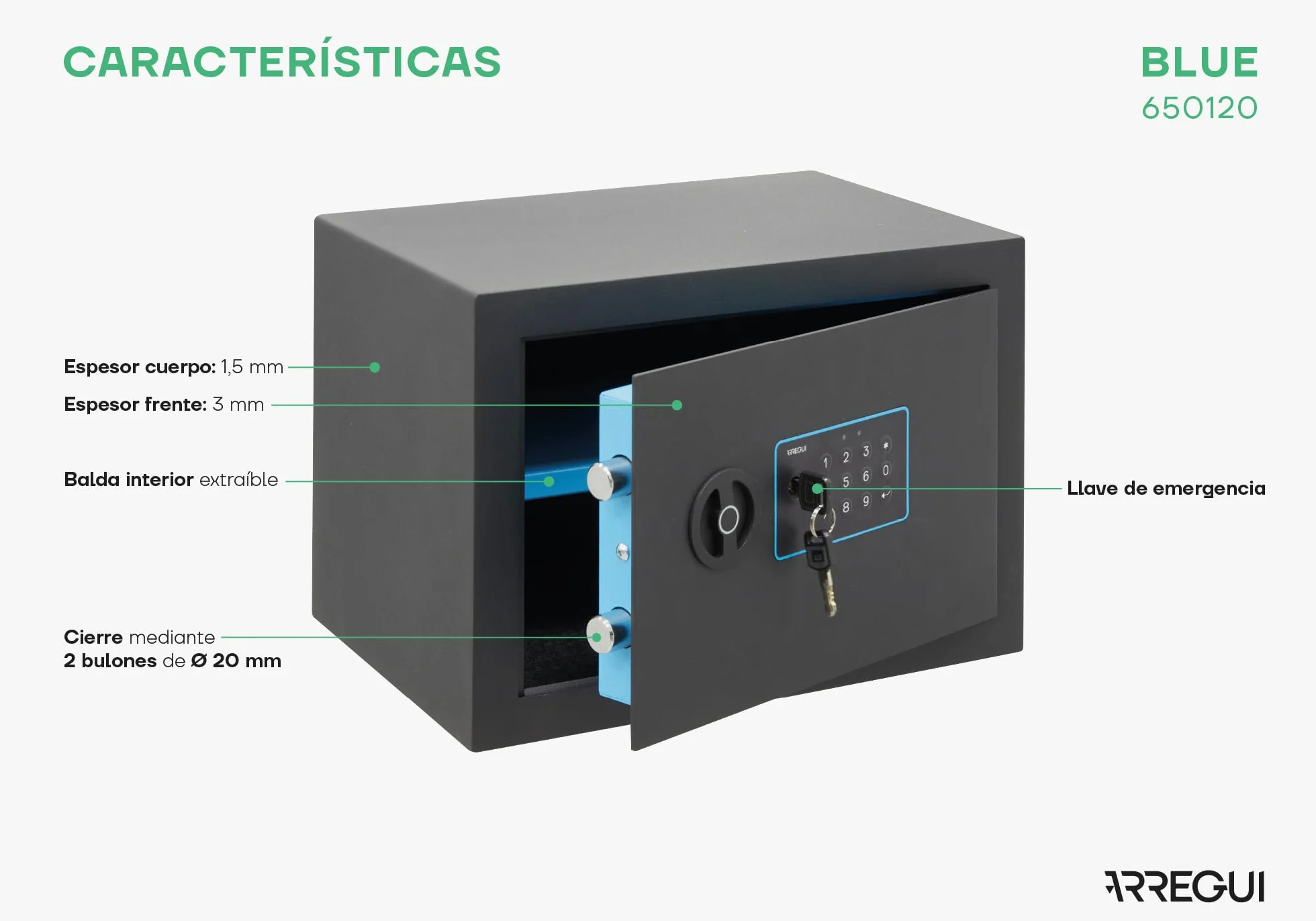 ARREGUI Blue 650120 Caja Fuerte de Acero con Cerradura Electrónica | 25x35x25 cm | 18 L | Caja de Seguridad para Casa y Hogar | Teclado con Códigos Programables | con Llave de Emergencia | grafito