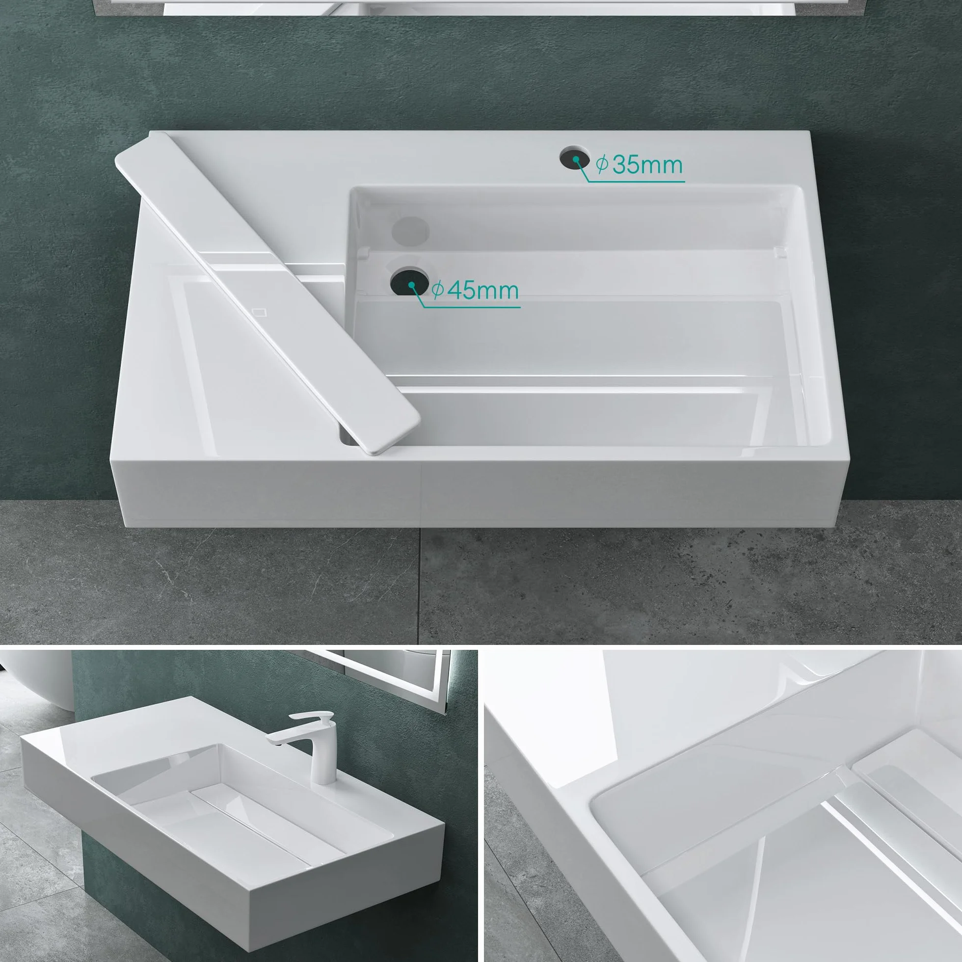 Mai & Mai Lavabo sobre Encimera Lavabo Derecho Suspendido Baño | Rectangular | Blanco Brillante | Mármol Fundido | 75x43x14cm | 1 Orificio para Grifo sin Rebosadero | Colossum12