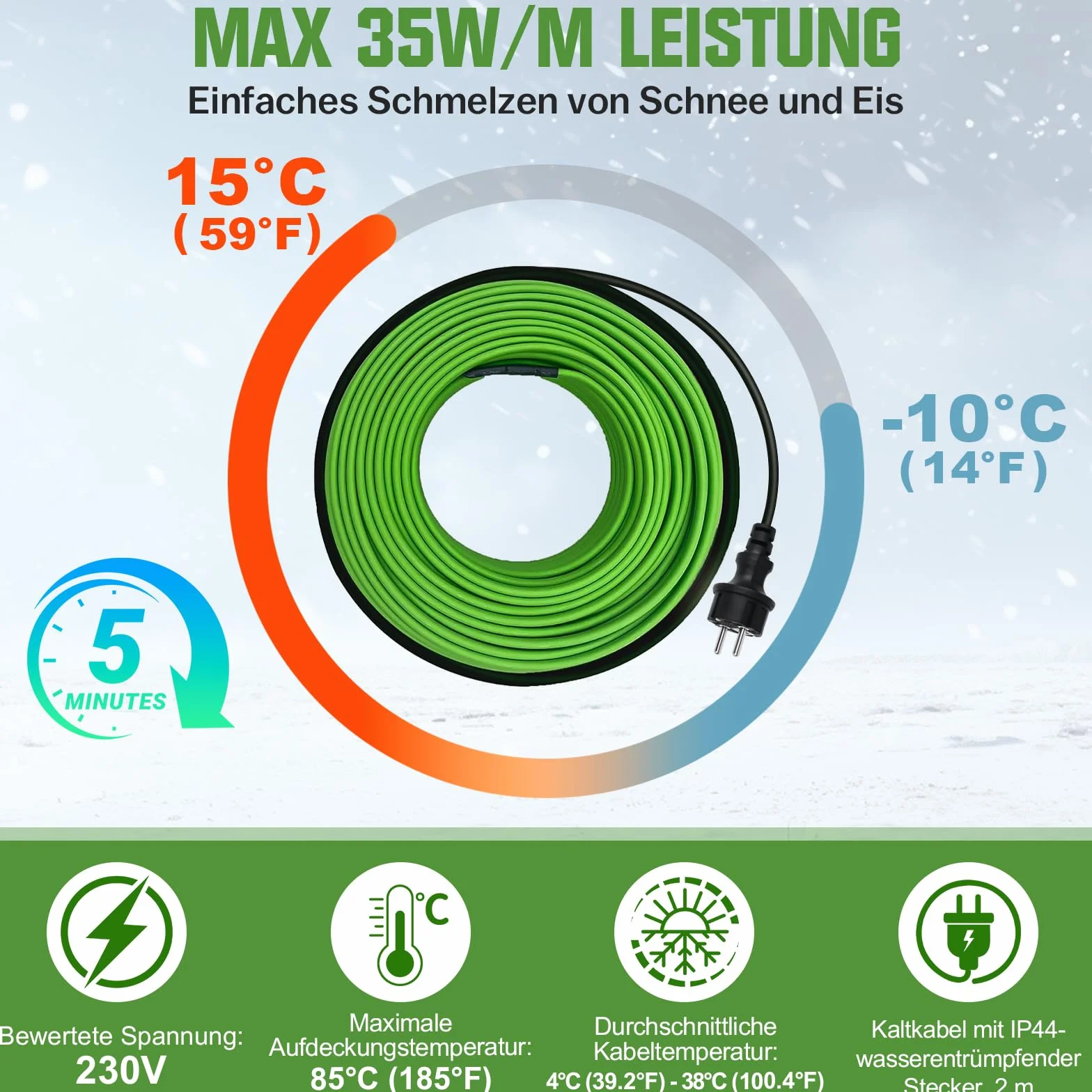 Cable calefactor de 2 m con termostato, 35 W/m, autorregulable, con protección antihielo y luz indicadora de funcionamiento, para tuberías de agua, canalones y abrevaderos, IP68