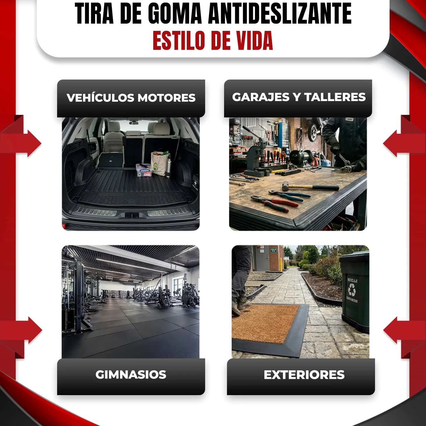 Tiras de Goma SBR en Rollo Antideslizante, Resistentes a Aceites y Alta Durabilidad para Taller, Gimnasio, Aislamiento y Uso Industrial; 25, 50 Y 100 mm Ancho, 1, 3 y 6 m Largo, 3 y 5 mm Espesor