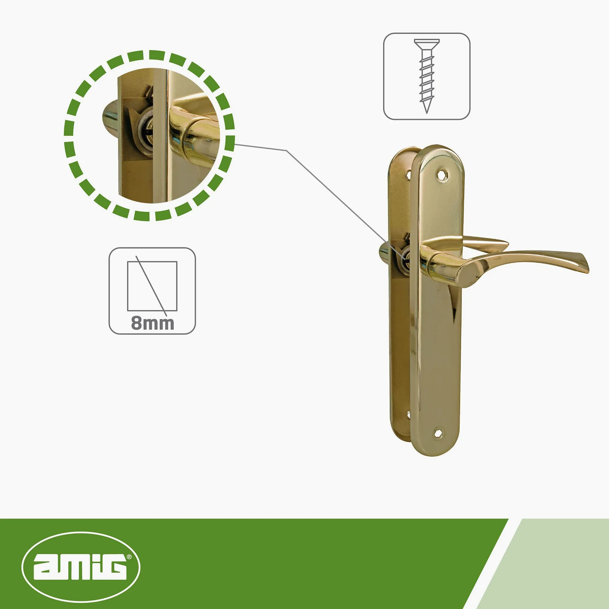 Amig - Juego de 2 Manillas de Placa Ovalada de Acero y Tirador de Zamak con Acabado Latonado Barnizado para Puertas de Paso de Interior - 237 x 40 mm · Manivela 120 mm - Incluye Tornillos