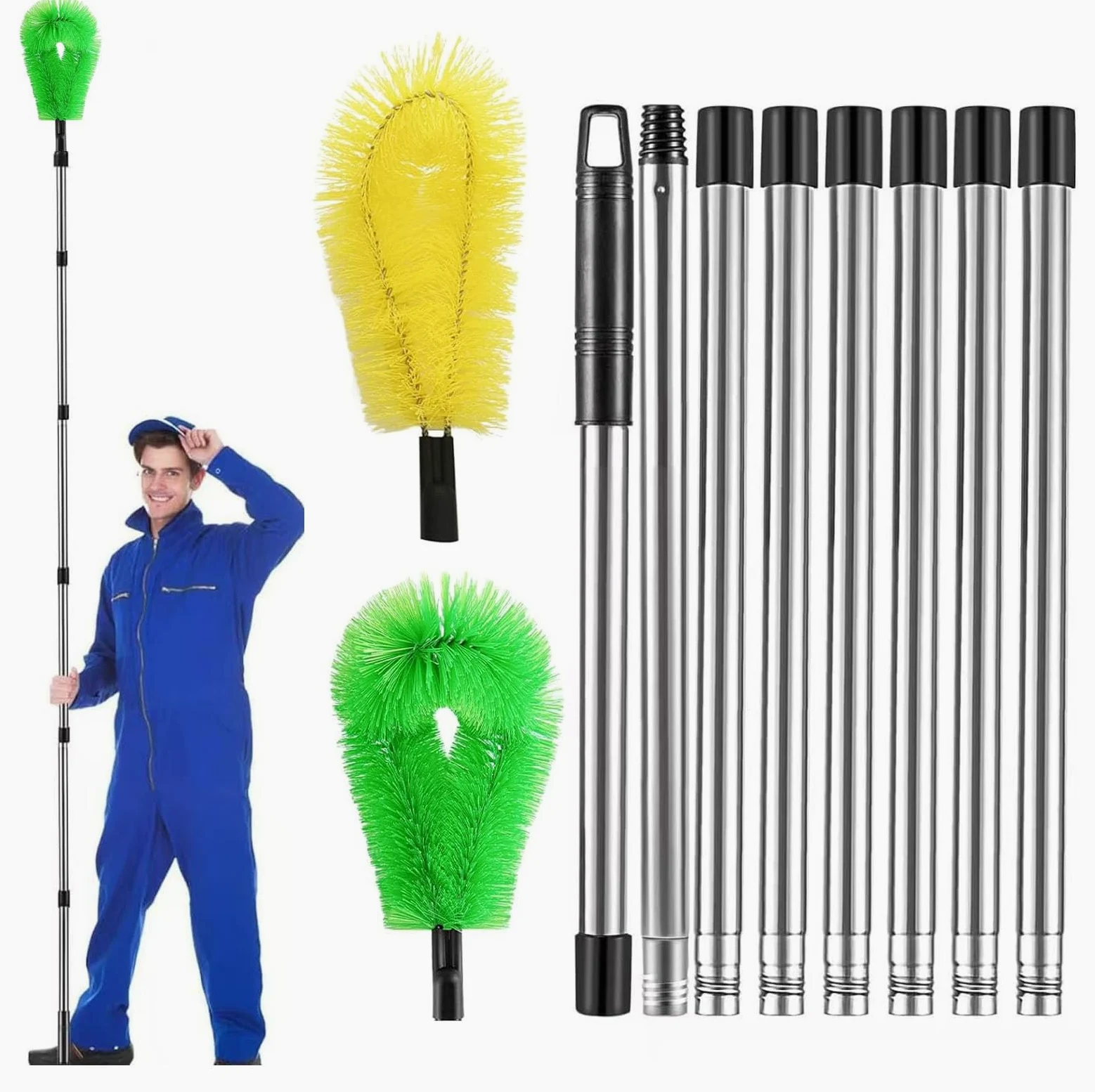 Herramienta Limpieza Canalones con 8 Poste Telescopico Acero Inoxidable, Limpiador Hojas Techos Extensible 310 cm, Cepillo Limpiar Nieve Tejado (Verde+ Amarillo)
