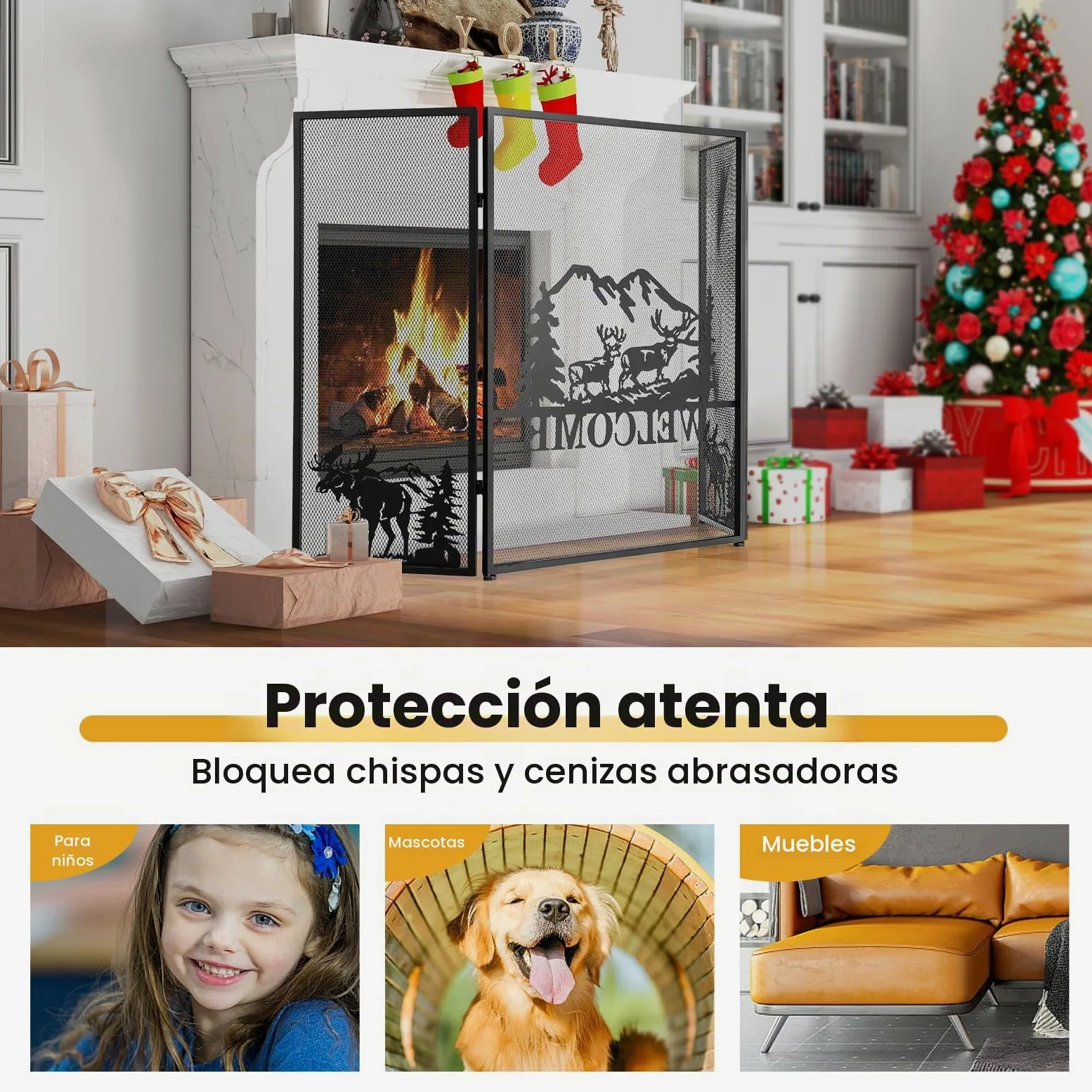 GIANTEX Pantalla de Chimenea Plegable con 3 Paneles, 132 x 79 cm, Salvachispas Chimenea de Metal para Aislamiento de Chispas y Cenizas, Rejilla Protector de Chimenea para Niños y Mascotas (Welcome)