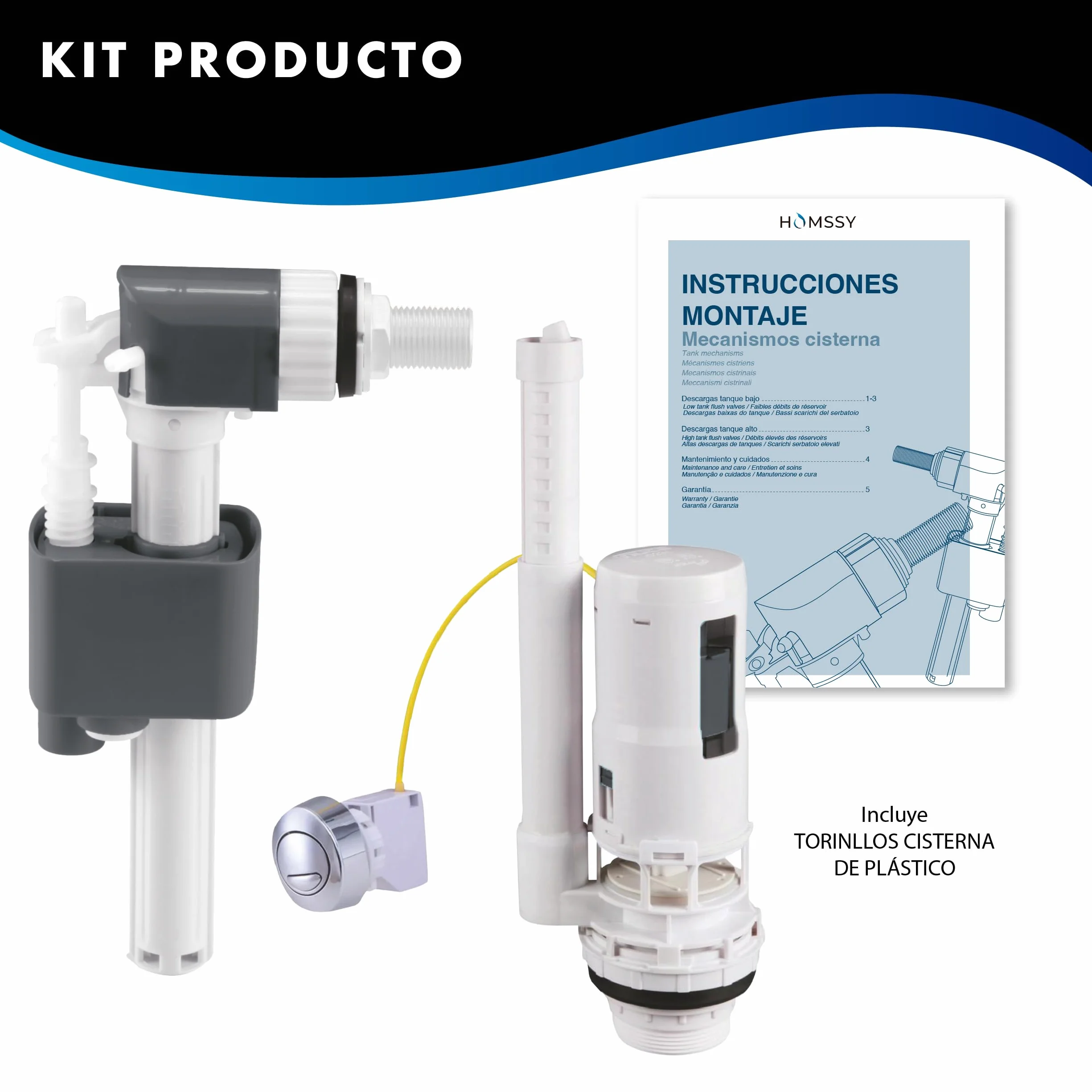 Kit Cisterna WC Completo Mecanismo Descarga Doble Pulsador con Cable 3/8" Válvula Universal Ahorro de Agua
