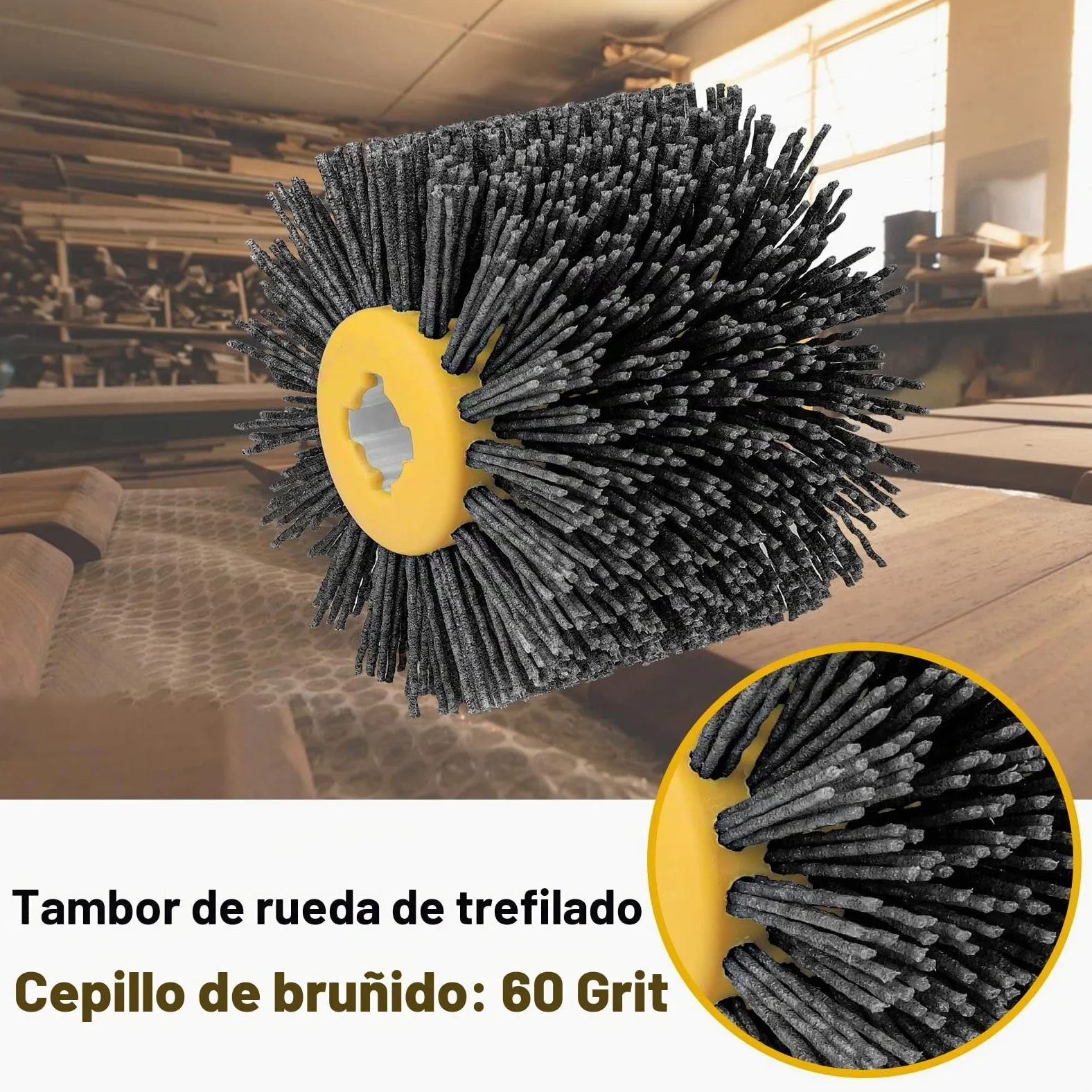 cepillo abrasivos grano 60, 120 x 100 mm, nailon para procesamiento de madera, grit bristle para máquina de satinado, rueda de alambre (Gris)