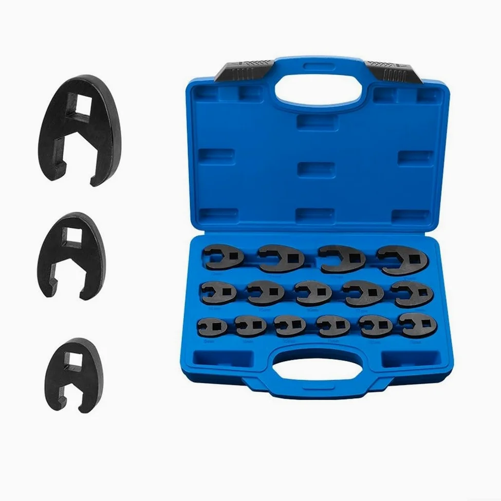 Juego de llaves de pata de gallo resistentes, 15 llaves métricas de tuerca acampanada de 8 a 24 mm, llaves de extremo abierto con trinquete de 3/8 y 1/2, kit de herramientas profesionales para