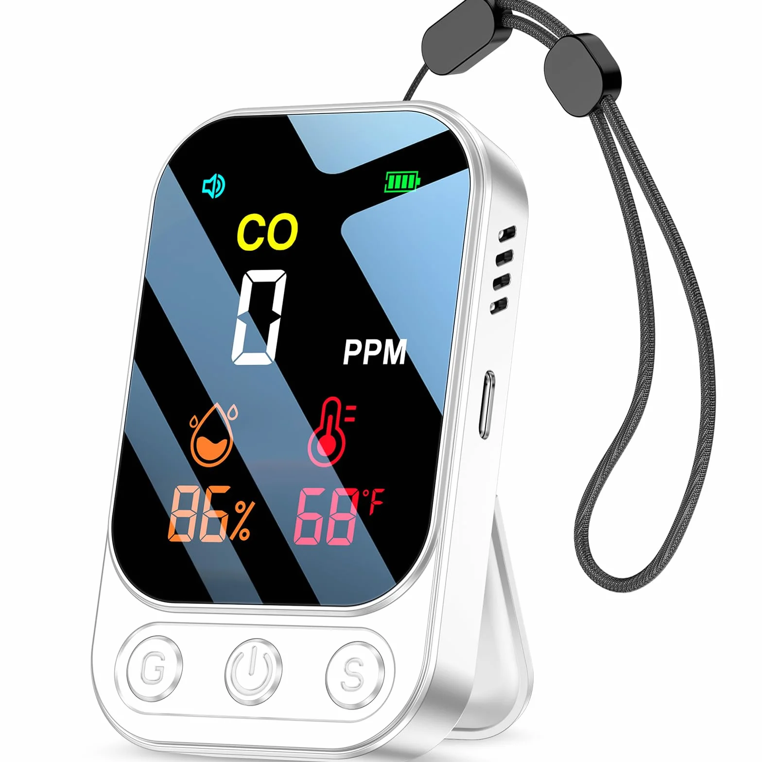 YOJOCK Kohlenmonoxidmelder mit intelligenter Alarmfunktion, 3-in-1 CO Melder Feuchtigkeit/Temperatur/Kohlenmonoxid-Konzentration, tragbarer aufladbarer CO Warner für Haushalt/Wohnmobil/Camping (white)