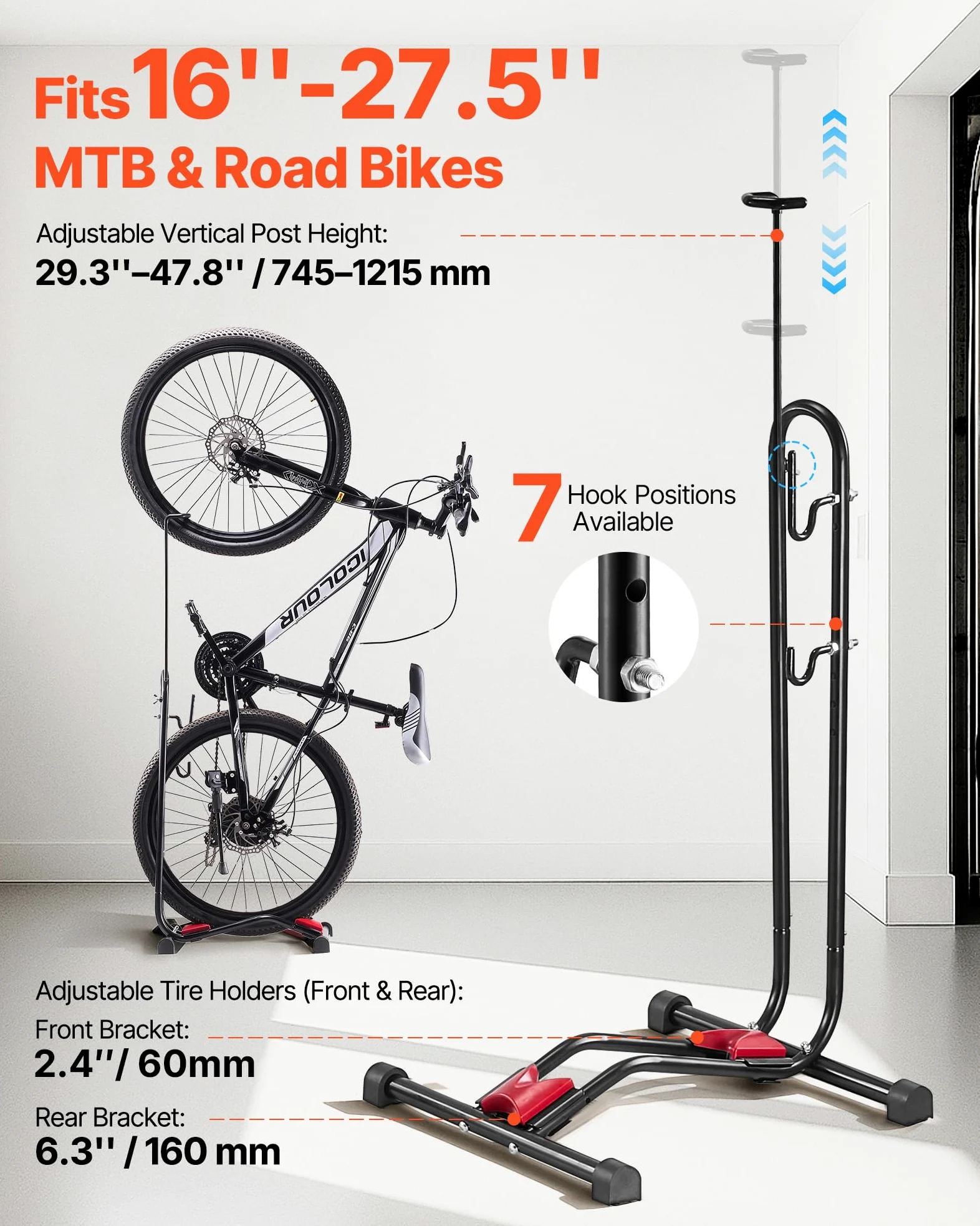 VEVOR Soporte para Bicicletas de Montaña y Carretera de 406,4-700 mm Vertical y Horizontal Portabicicletas de Suelo para Estacionamiento y Almacenamiento en Garaje, Porche, Interior, Exterior, Negro