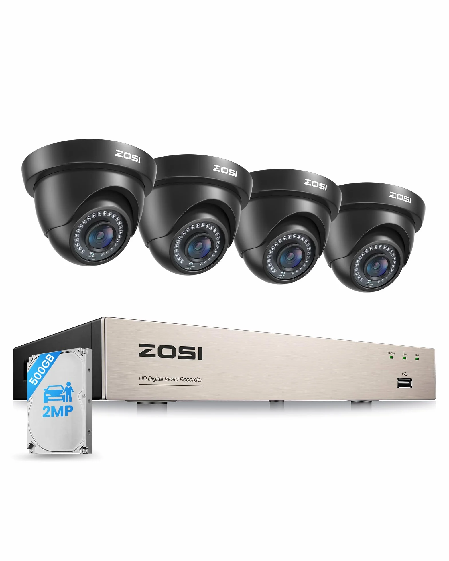 ZOSI 2MP Kit Cámaras de Vigilancia Seguridad Cableada para Hogar 8CH CCTV DVR Sistema 500GB Disco Duro y 4 1080P Cámara Interior/Exterior, Detección de Personas, Visión Nocturna