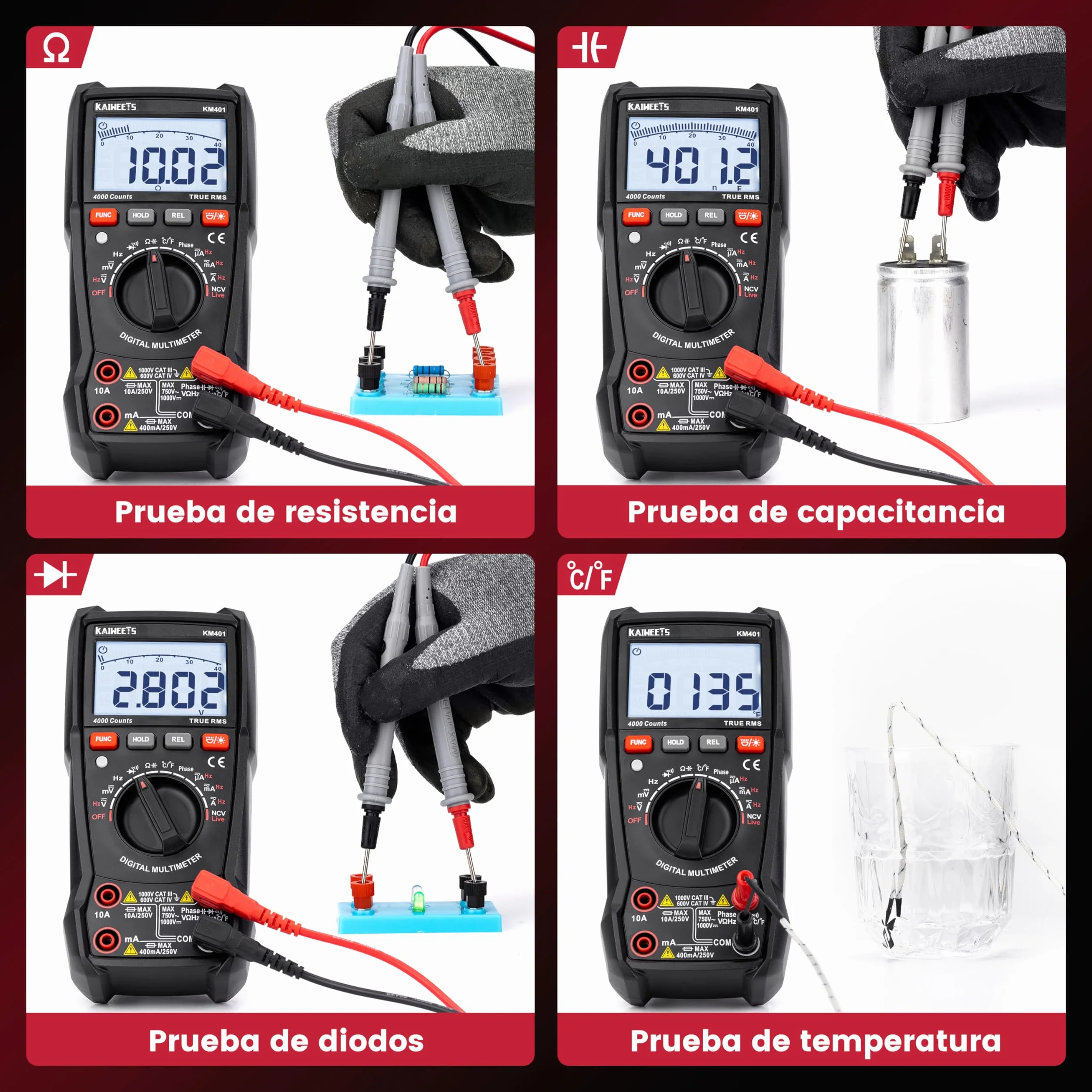 KAIWEETS Multímetro digital KM401, Polimetro Auto-Range T-RMS con 4000 cuentas, Amperímetro mide voltaje, corriente, resistencia, continuidad, frecuencia