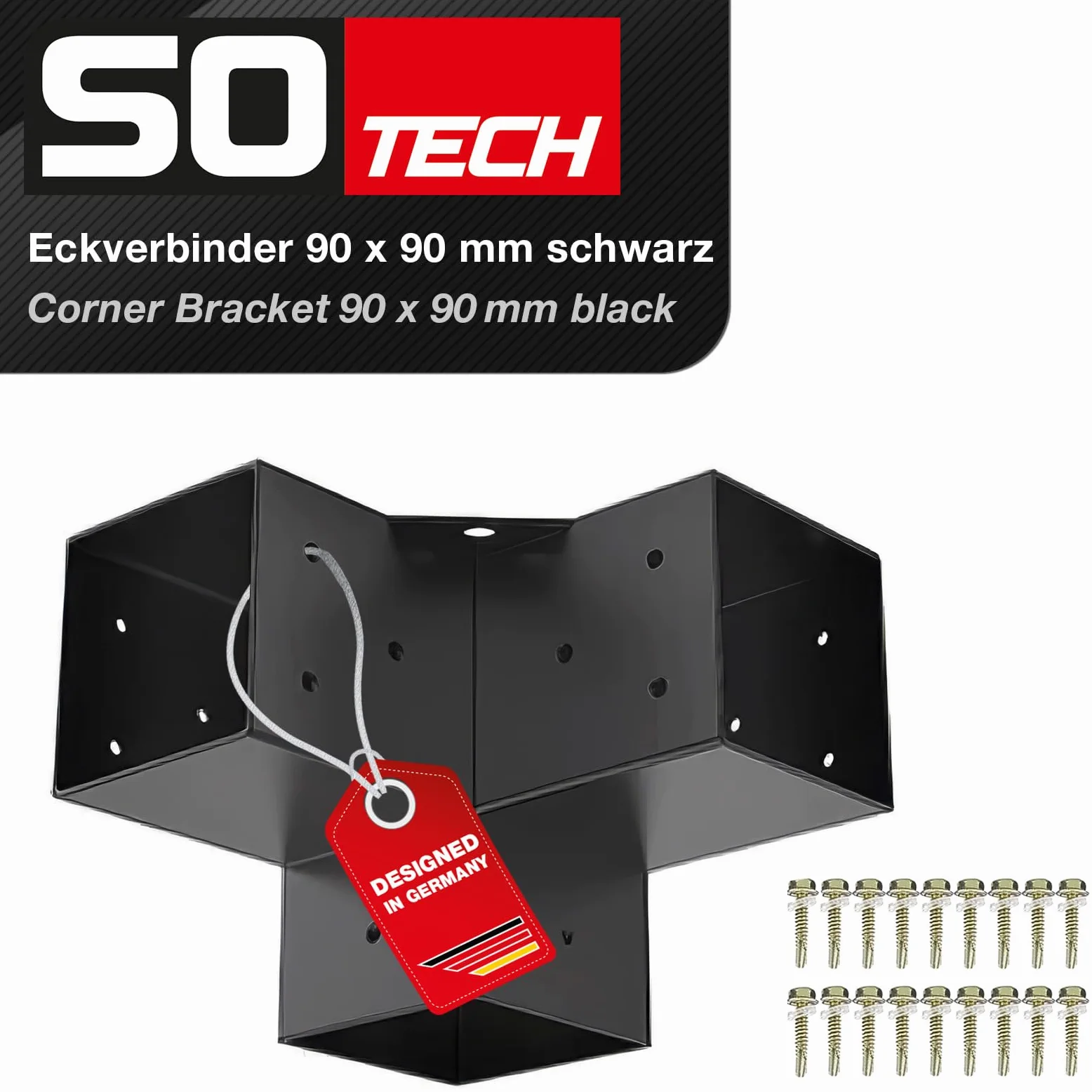 SOTECH Conector de esquina 90 x 90 mm (conector de 3 vías) de acero cuadrado galvanizado y recubierto de polvo negro para una máxima protección contra la corrosión
