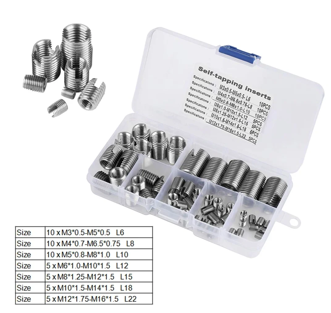 50 inserciones roscadas, inserto de rosca autorroscante, herramienta de reparación de refuerzo de rosca M3-M12, con cierta elasticidad, carga uniforme, evitar aflojar, para incrustaciones en plástico,