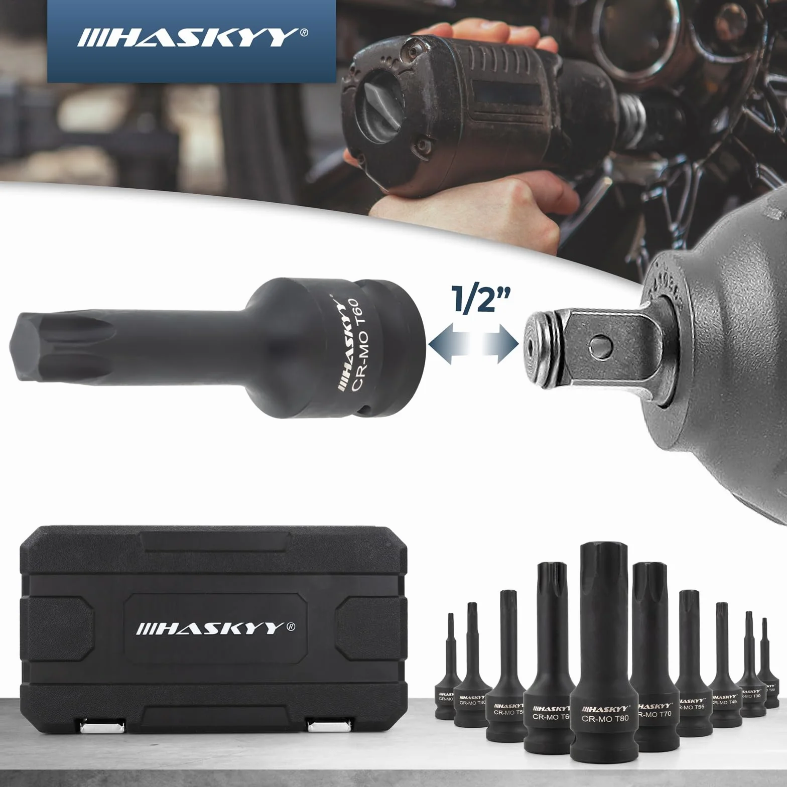 HASKYY Juego de llaves de impacto 1/2 pulgadas T20-T80 y Torx, 10 piezas, para coche, mantenimiento de frenos y reparación