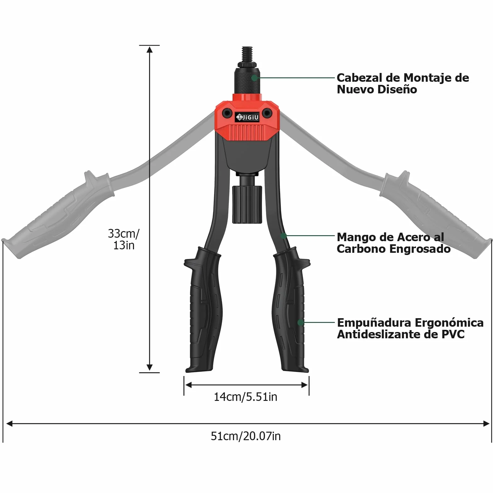 JiGiU 13'' Remachadora de Tuercas con 110 Tuercas M3 M4 M5 M6 M8 M10 M12 Juego de Alicates para Remachar 7 Mandriles Intercambiables para Automoción, Componentes Metálicos, Construcción