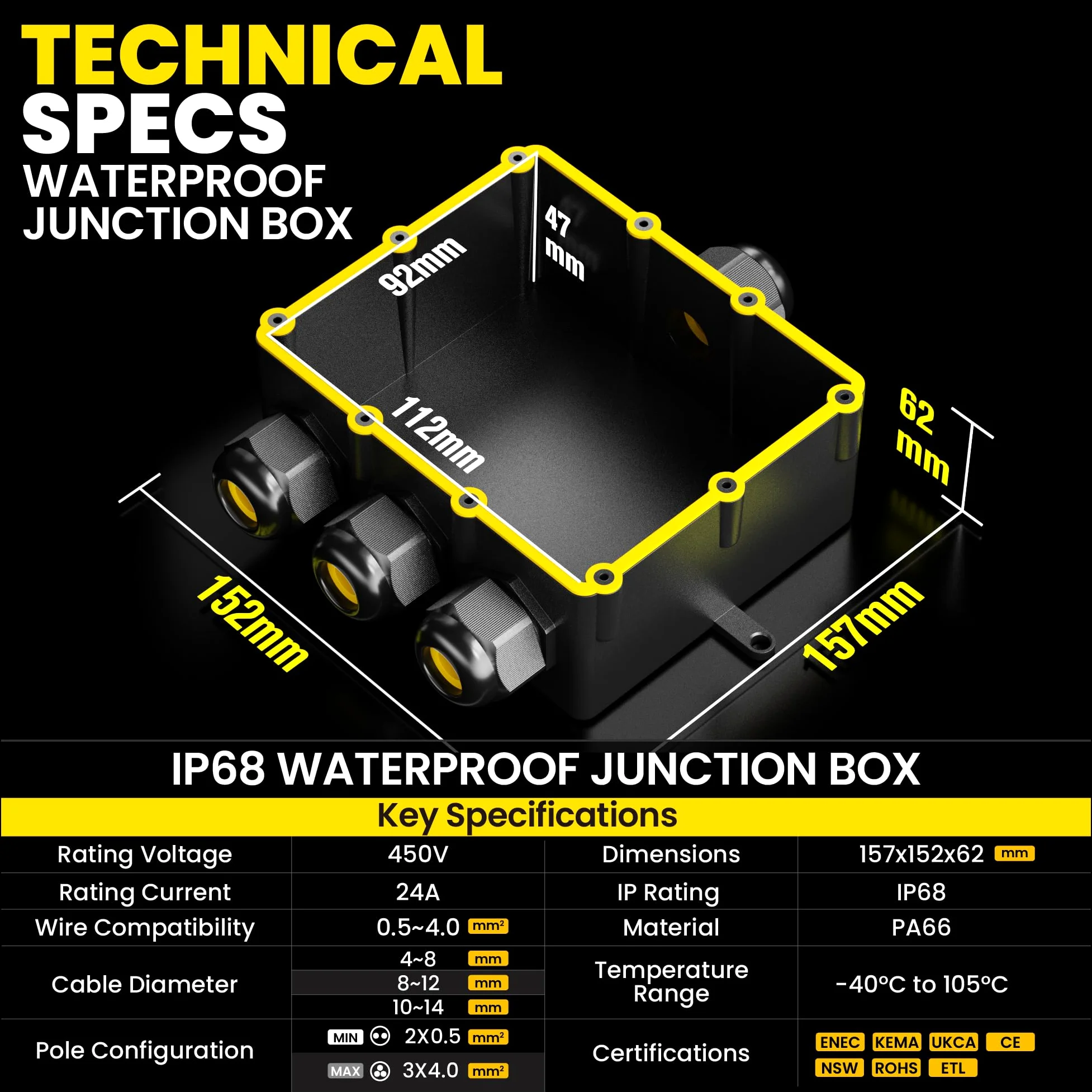 PEBA Cajas de Conexiones Impermeables IP68, Conector de cable estanco, Caja de conexiones de conector de cable Exterior Grande de 4 vías, Apto para cables 4-14 mm Caja Estanca, Negro