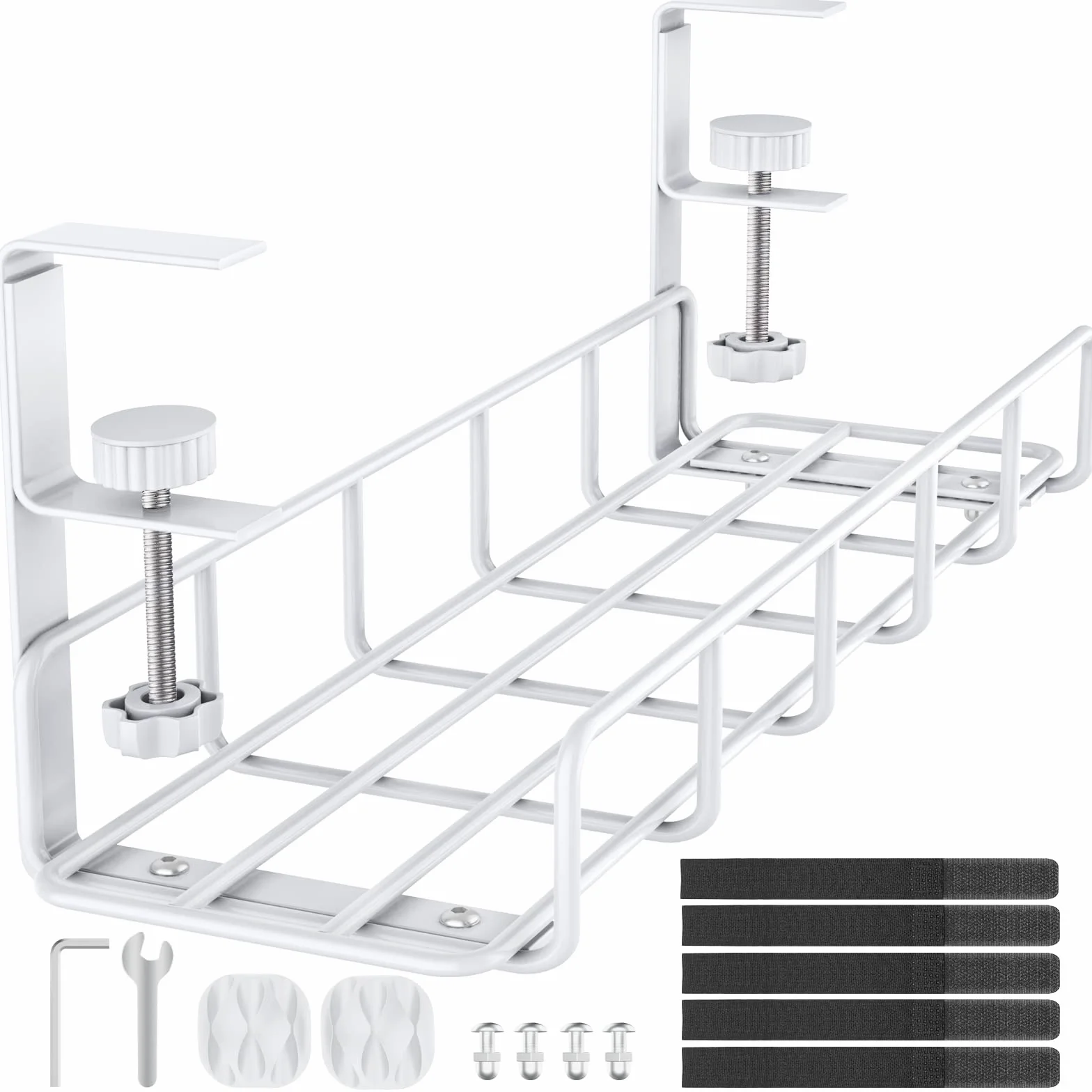 REFLYING Bandeja de Gestión de Cables de Alambre de Metal y Regletas de Enchufes para Debajo del Escritorio, Blanco, 1 Paquete