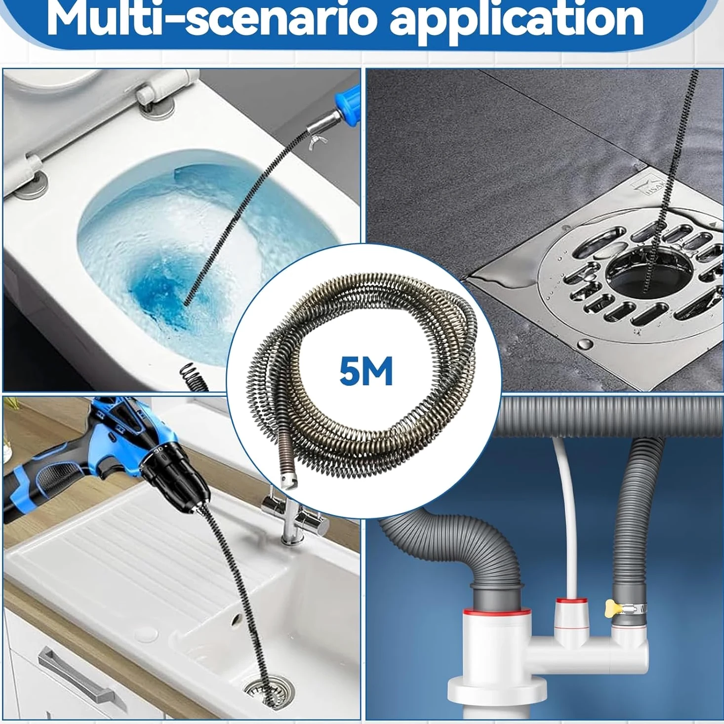 Desatascador Manual de Tuberías 5M, Desatascador Fregadero con 8 Accesorios, Diámetro 12mm - Espiral de Limpieza para Baño, Cocina, Ducha y WC