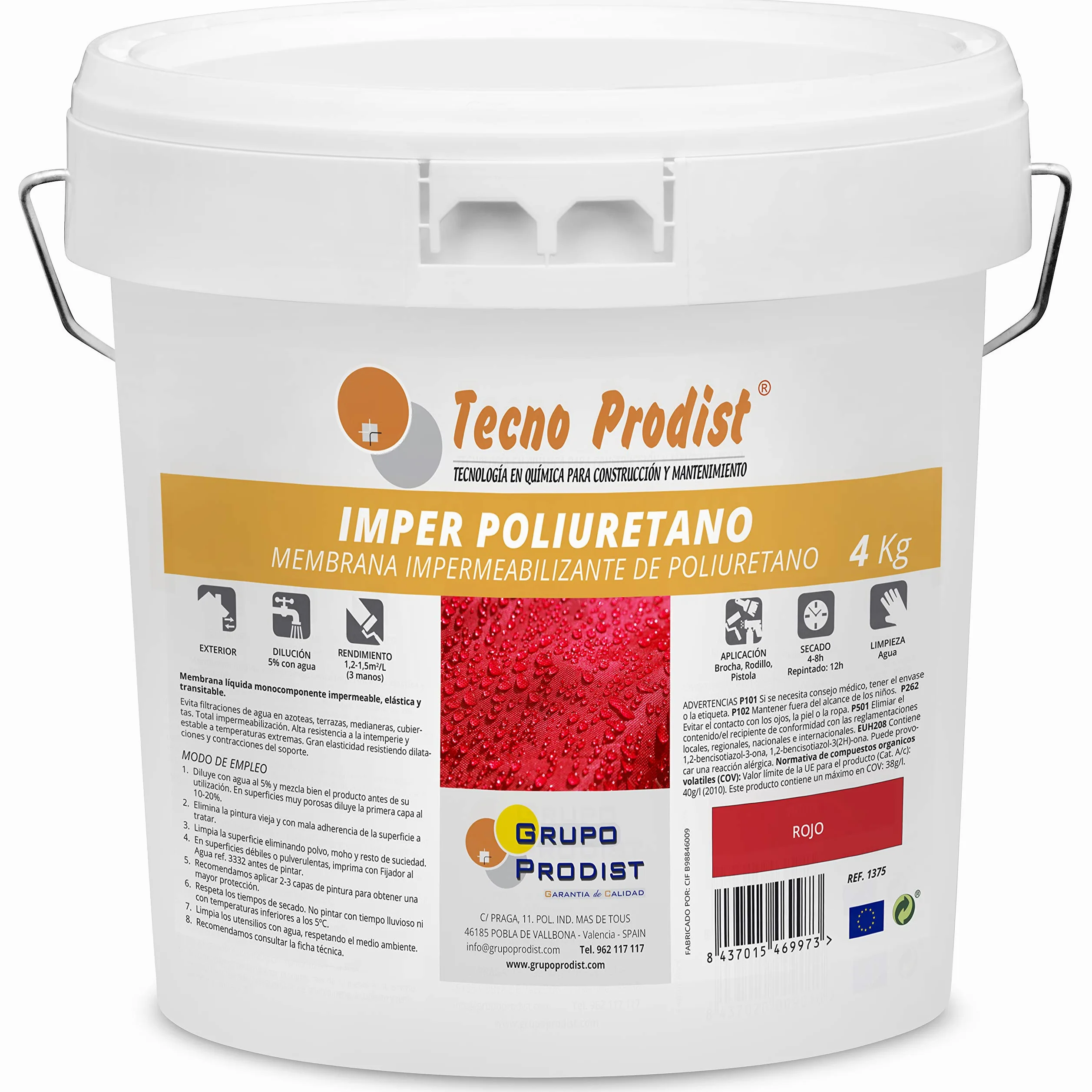 Tecno Prodist IMPER POLIURETANO (4 Kg) ROJO TEJA Membrana de Poliuretano Impermeabilizante para Terrazas muy elástica - Durabilidad y resistencia a la intemperie (A Rodillo o brocha)
