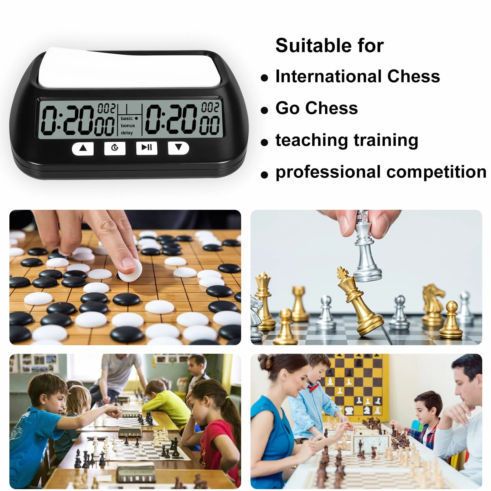 USHOP Reloj de ajedrez Profesional​​,Reloj ajedrez​​ con Digital Multifuncional Pantalla​​ – Cuenta Regresiva/Bono/delay,Control de 4 Botones​​,diseño competitivo​​ para torneos y Juegos de Mesa
