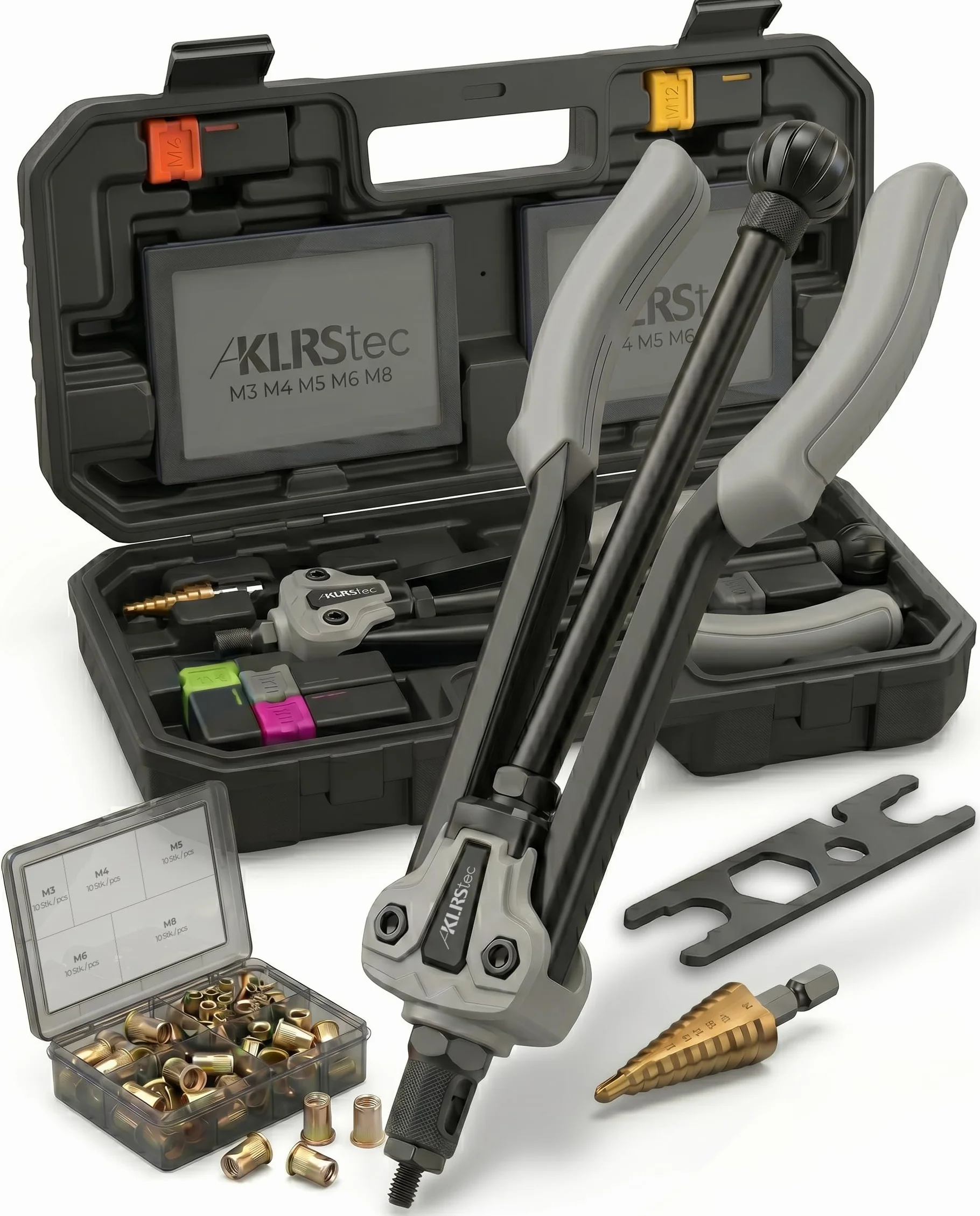 KLRStec Professional Remachadora de Tuercas Set [M3-M12] Pinza Semiautomática para Trabajo Más Rápido incl. 70 Tuercas Remachables, Broca Escalonada y Maletín - Kit Pro Insertos Roscados
