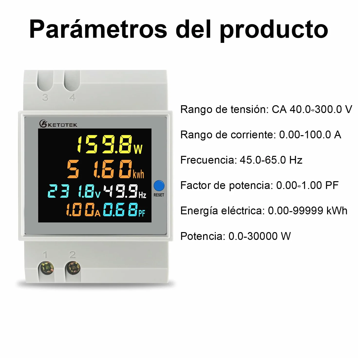 KETOTEK Medidor de Energía Digital 6 en 1 AC40-300V 100A Voltímetro Amperímetro Carril Din, Contador Eléctrico Monofásico Medición del Consumo de Voltaje Corriente Factor de Potencia Frecuencia