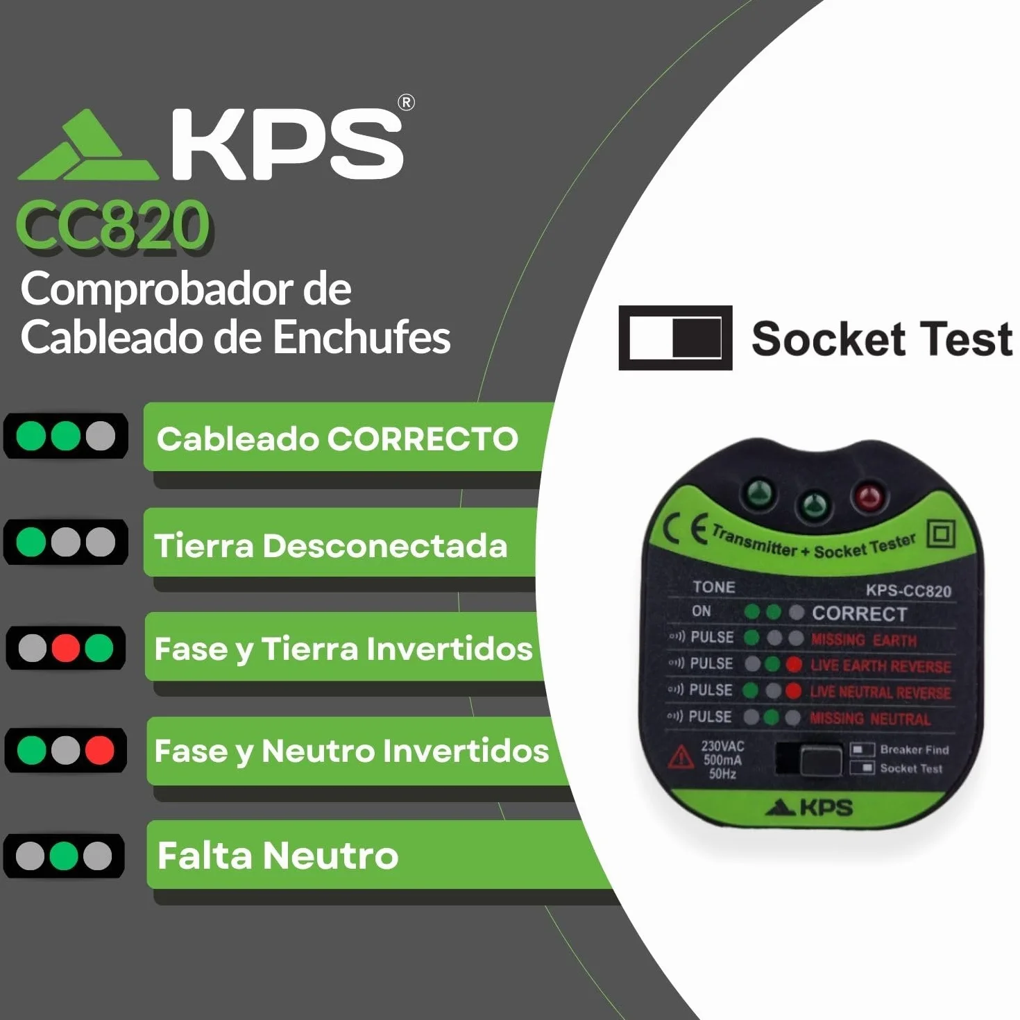 KPS-CC820 Comprobador de enchufes y localizador de protecciones