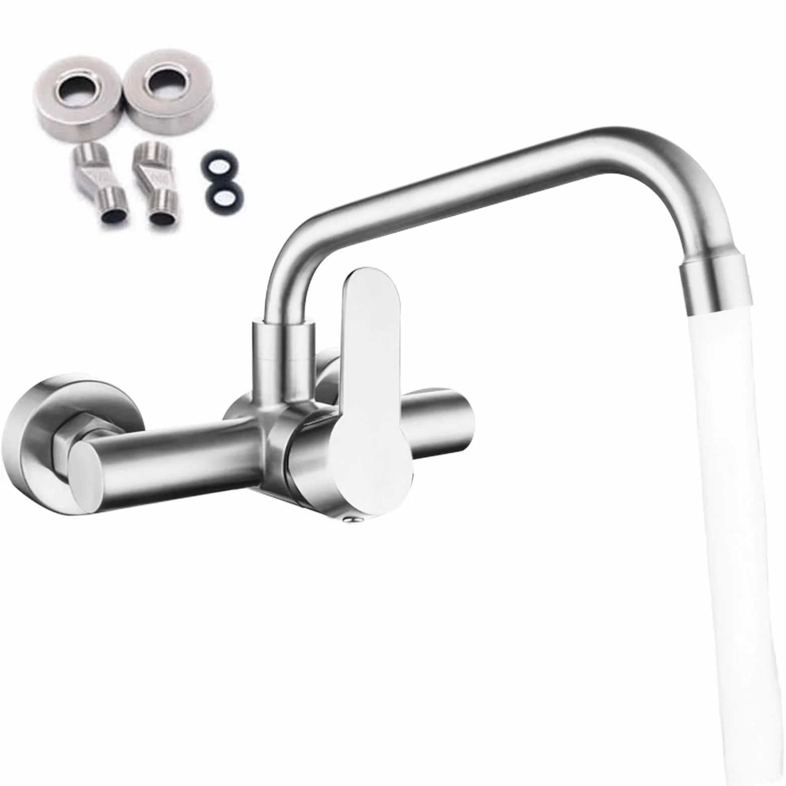 Grifo de cocina de montaje en pared, grifería de acero inoxidable, caño giratorio 360° mate