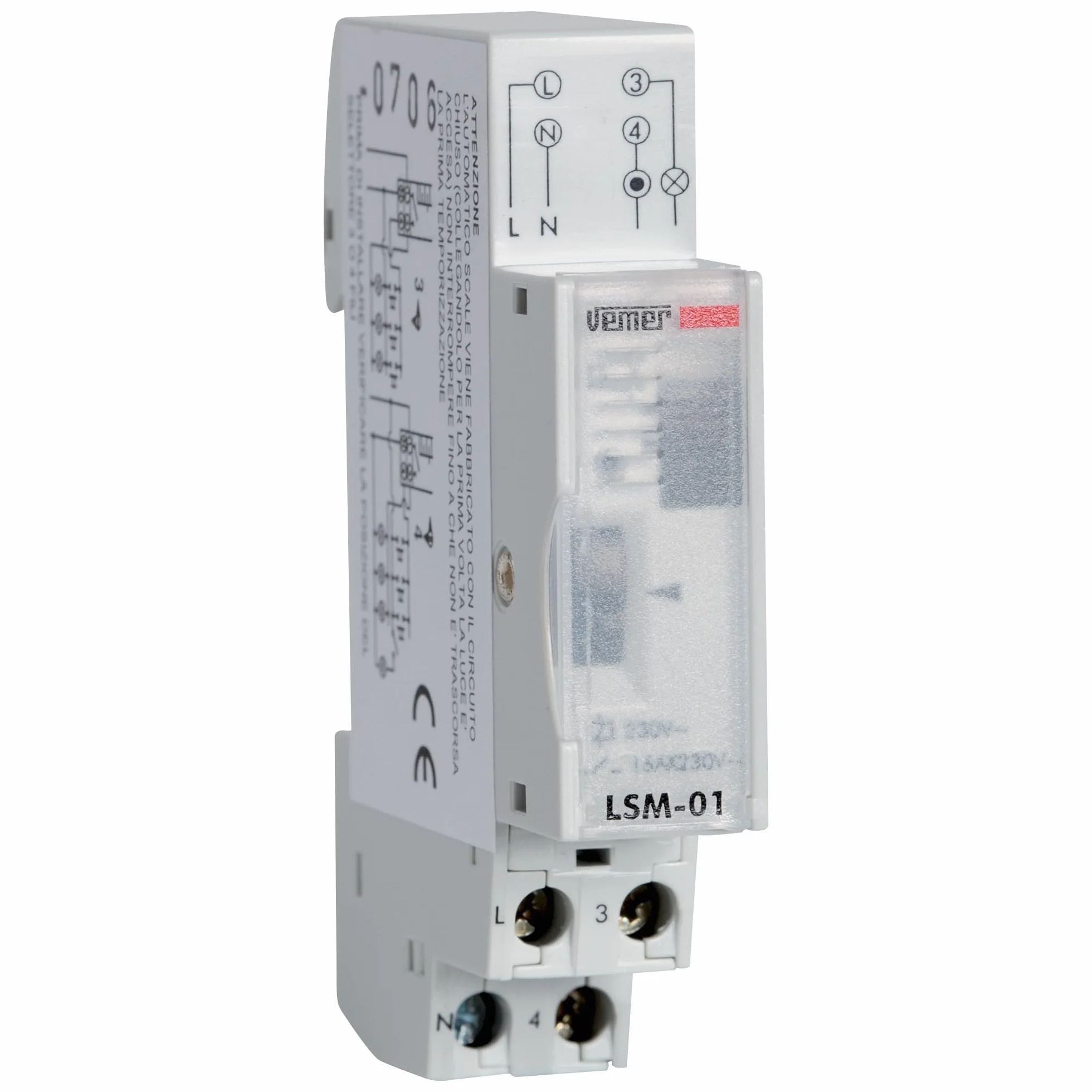 VEMER VE073300 LSM-01 – Interruptor Luces Escaleras, Temporizador Electromecánico de 1 Módulo DIN, 230 V AC, 1 Relé 16 A, Gris Claro