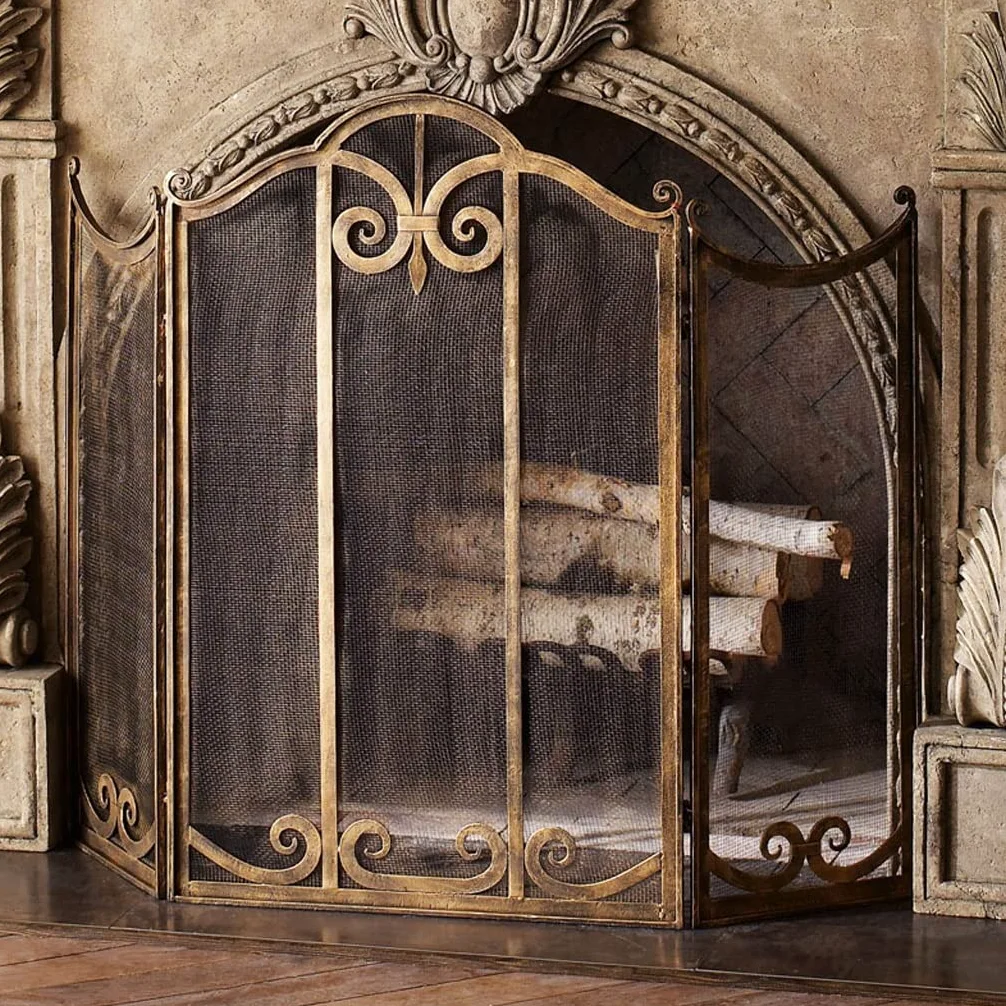 Salvachispas Chimenea Chimenea Screen Metal Old Partition Cerca de la Participación Sala de Estar Hogar Chimenea Decoración Decoración Guardrail Spark Protective Cubierta Tri-Fold Belt Net