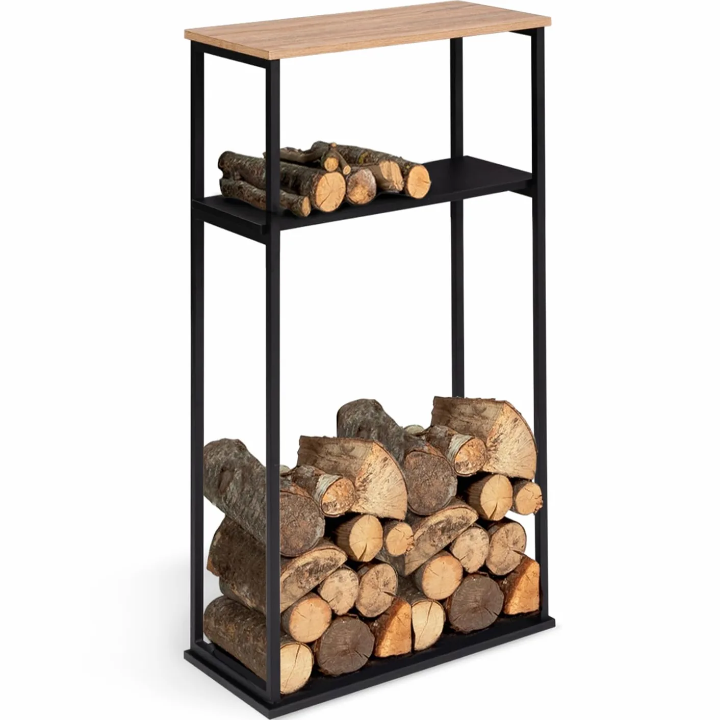 IDMarket - Soporte vertical grande para leña con 2 estantes de 33 x 66 x 112 cm para chimenea