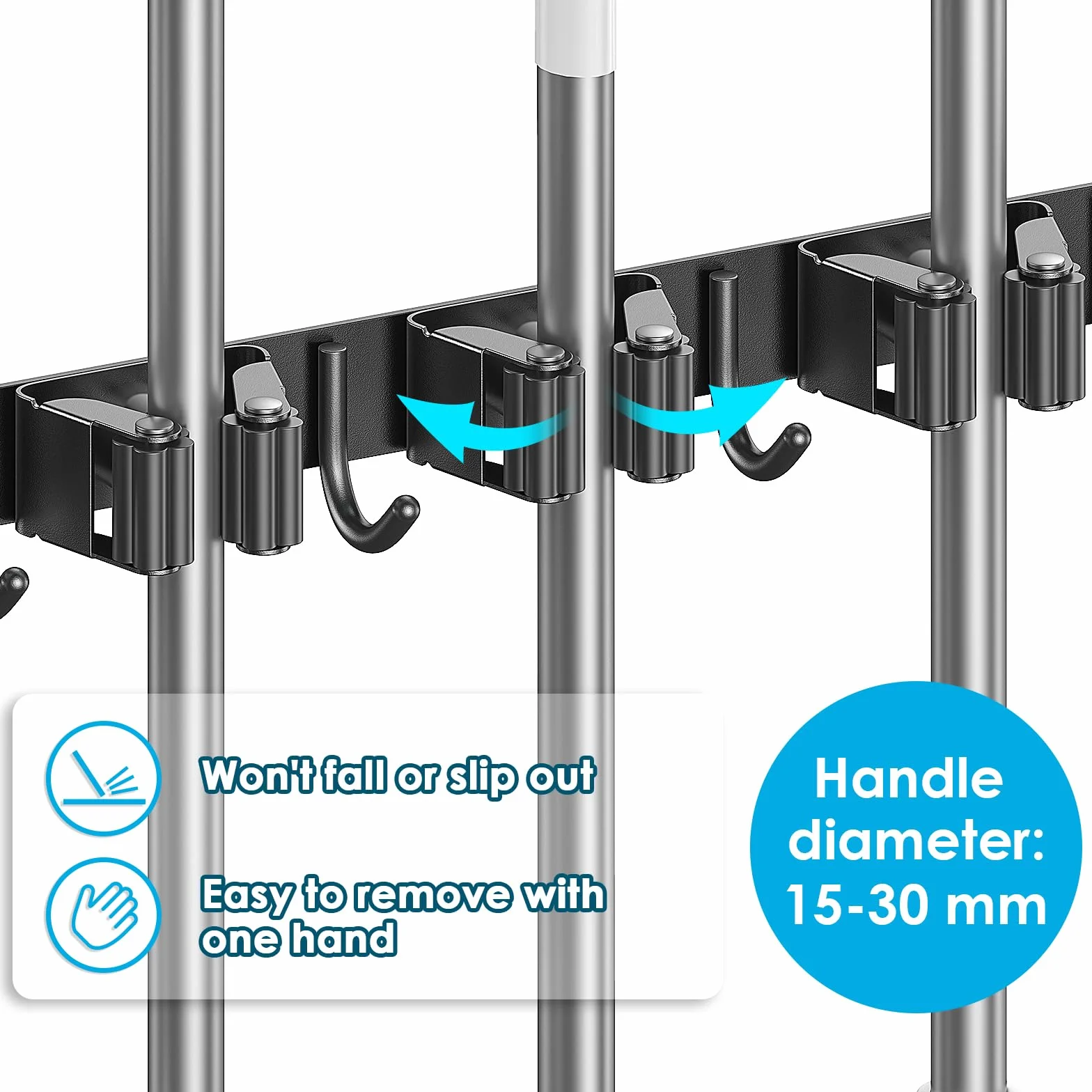 Colgador Escobas y Fregonas adhesivo, Soporte Escobas pared con 5 Soportes y 4 Ganchos, Sujeta Escobas pared de Acero Inoxidable atornillable, Negro