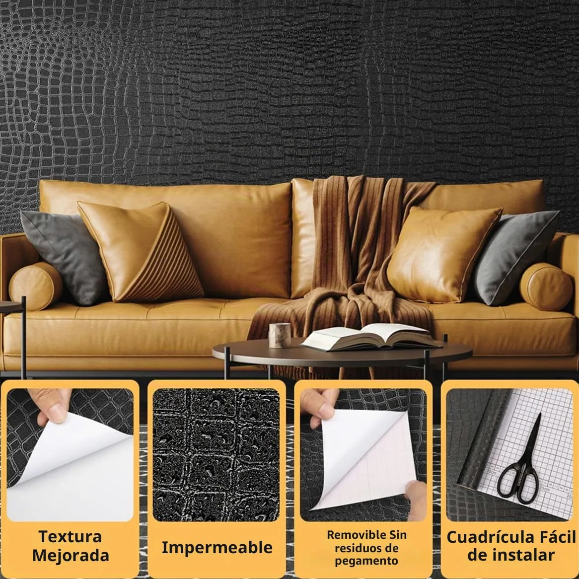 Arthome Autoadhesivo Papel Pintado Negro,44cmx10m Cocodrilo Texturado papel Vinilo Adhesivo Imitación Cuero Negro Impermeable Removible Piel de Cocodrilo para Muebles