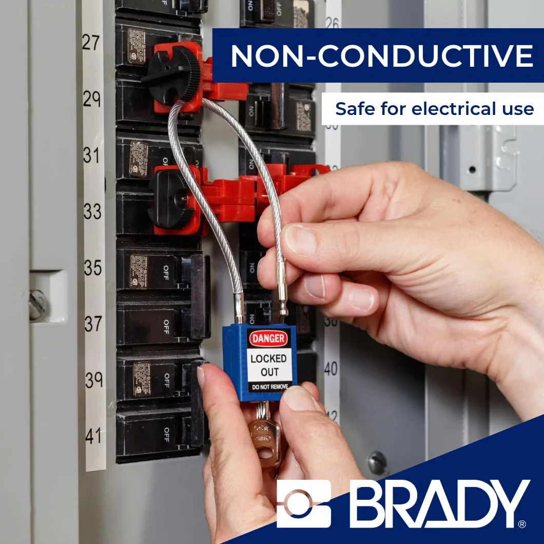 Brady Candado de Cable Compacto Paquete de 1 - Bloqueo de Seguridad Lockout Tagout - Candado de Seguridad - Llaves Diferentes - 32mm x 35mm x 16mm - Longitud del Cable 200mm, Azul