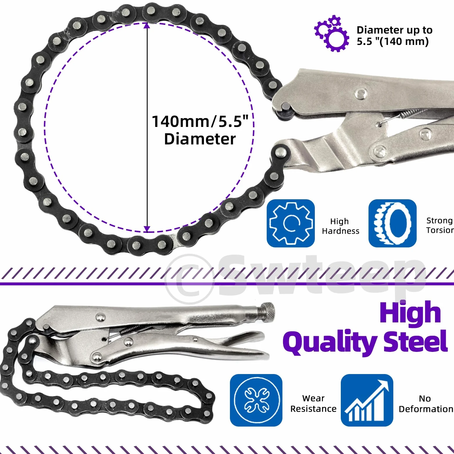 Swpeet 2Pcs 9 pulgadas de acero de aleación para uso pesado Pinzas de la cadena de bloqueo con cadena de 20", herramienta de filtro de aceite reversible Accesorios de tuberías Herramientas Llave