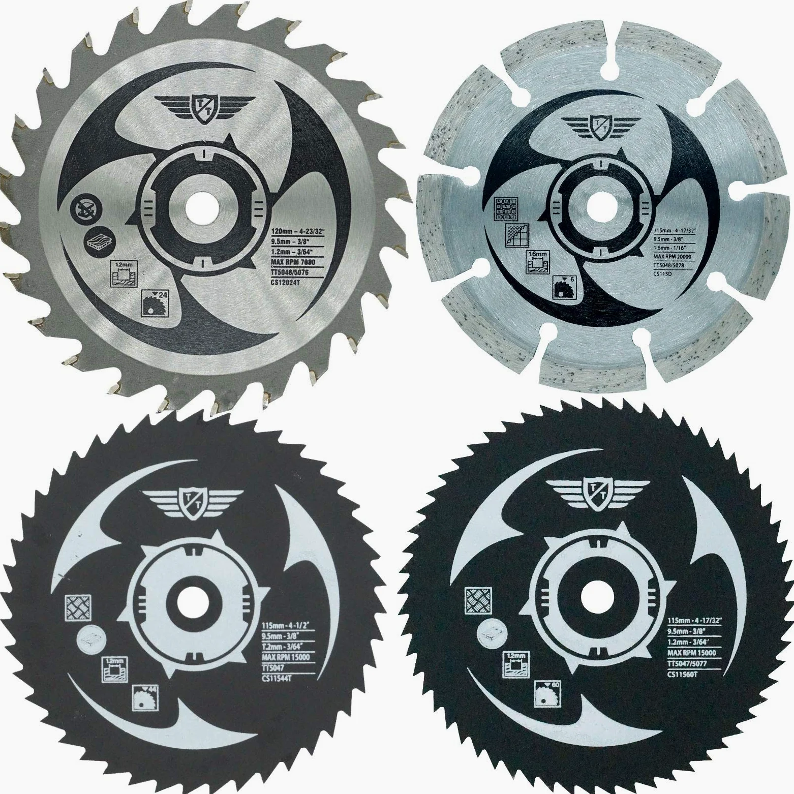 4 x TopsTools CSK115_4 115mm 120mm 24T 44T 60T Hojas de sierra HSS de diamante de 9,5mm de diámetro compatibles con Worx WorxSaw XL Worx WX427 WX429 WX437 WX439 WX531 400W 700W