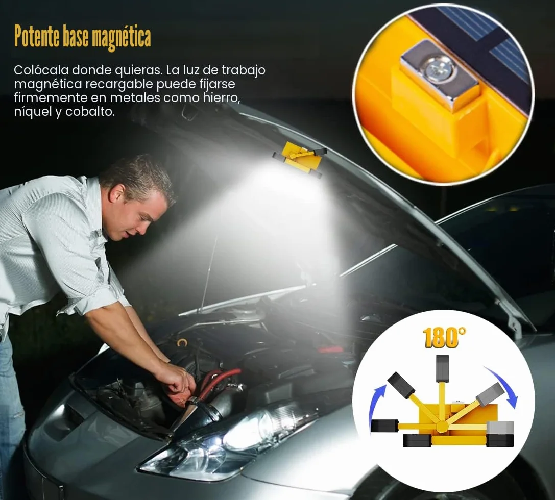 80W Foco LED Recargable Solar, 4 Modos Luz de Trabajo Portátil USB con Baterías 6000 mAh, IP65 Impermeable Lampara Camping con Iman para Emergencia, Pesca, Taller, Obra