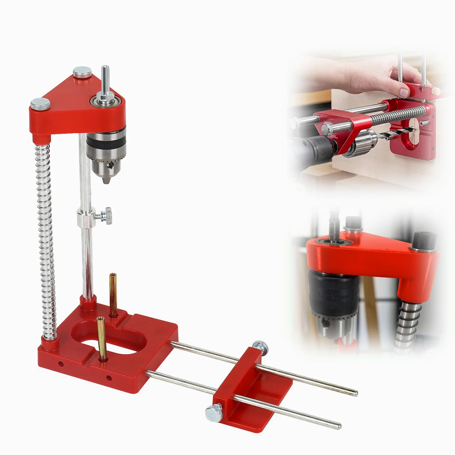 Soporte de perforación para taladradora, guía de perforación ajustable portátil, herramienta de carpintería de precisión en madera, guía de perforación herramienta manual, juego de guía vertical (Rojo