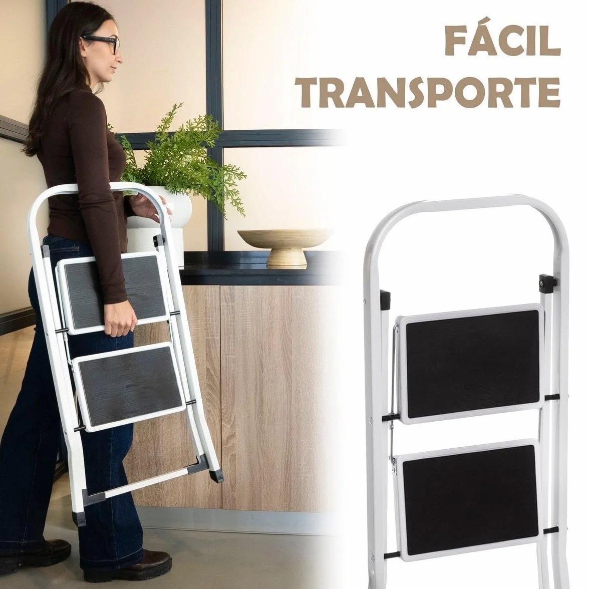 LOLAhome - Escalera Plegable de 2 peldaños Antideslizantes en Acero Blanco de 82 cm. Diseño Seguro y Ligero con asa, soporta 150 kg. Alcanza altillos o cuelga Cortinas fácilmente.
