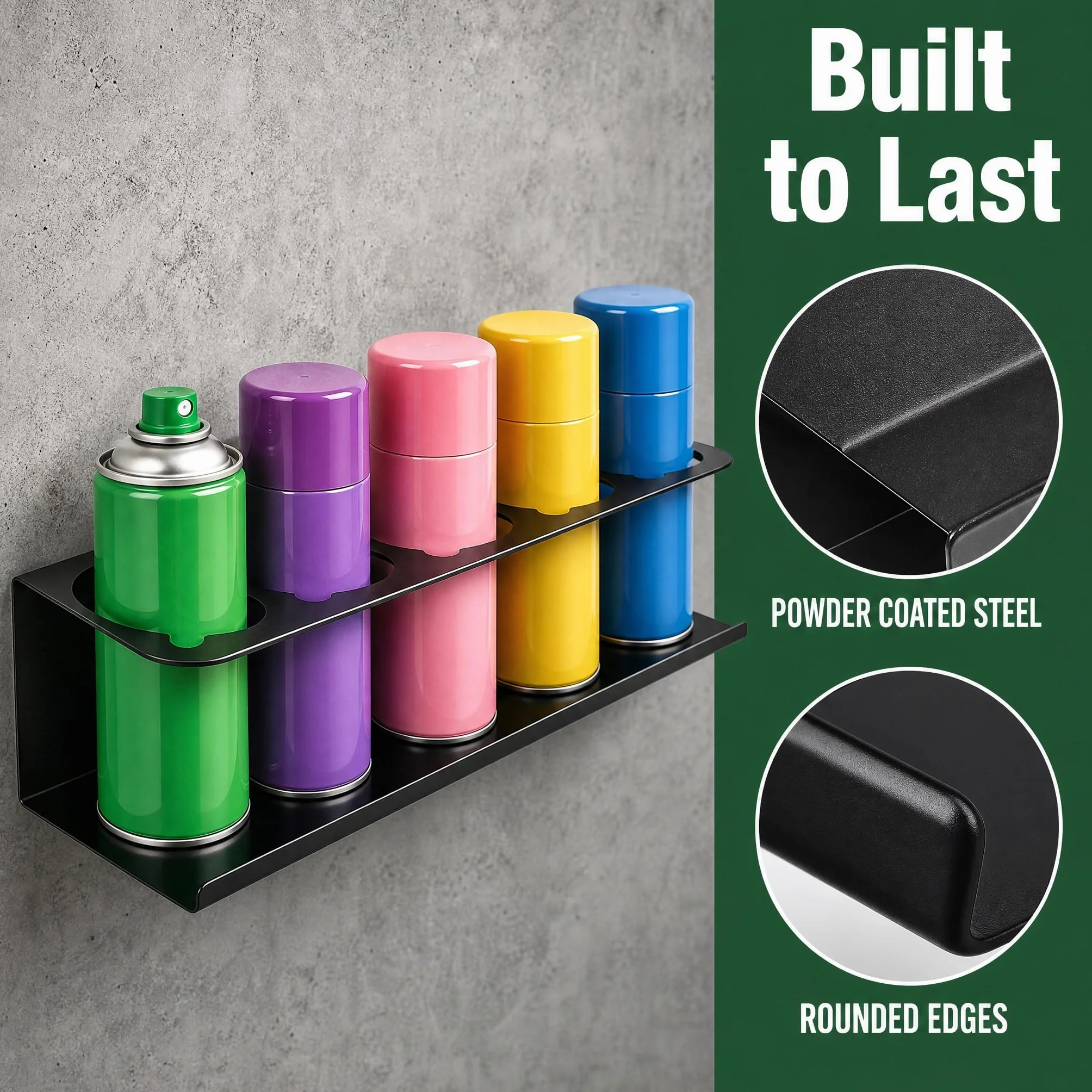 2 soportes para latas de aerosol de acero al carbono negro para 5 latas de 7,6 cm, soporte para latas de taller con tubo de expansión y tornillos, accesorios para garaje, taller, caravana