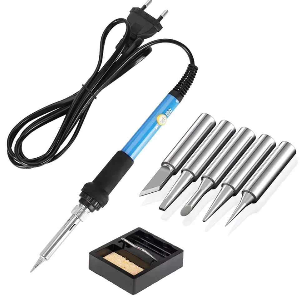 Kit de soldador de estaño, soldador de 60 W, temperatura ajustable 200 °C ~ 450 °C, 5 puntas para soldador, mini soporte, esponja