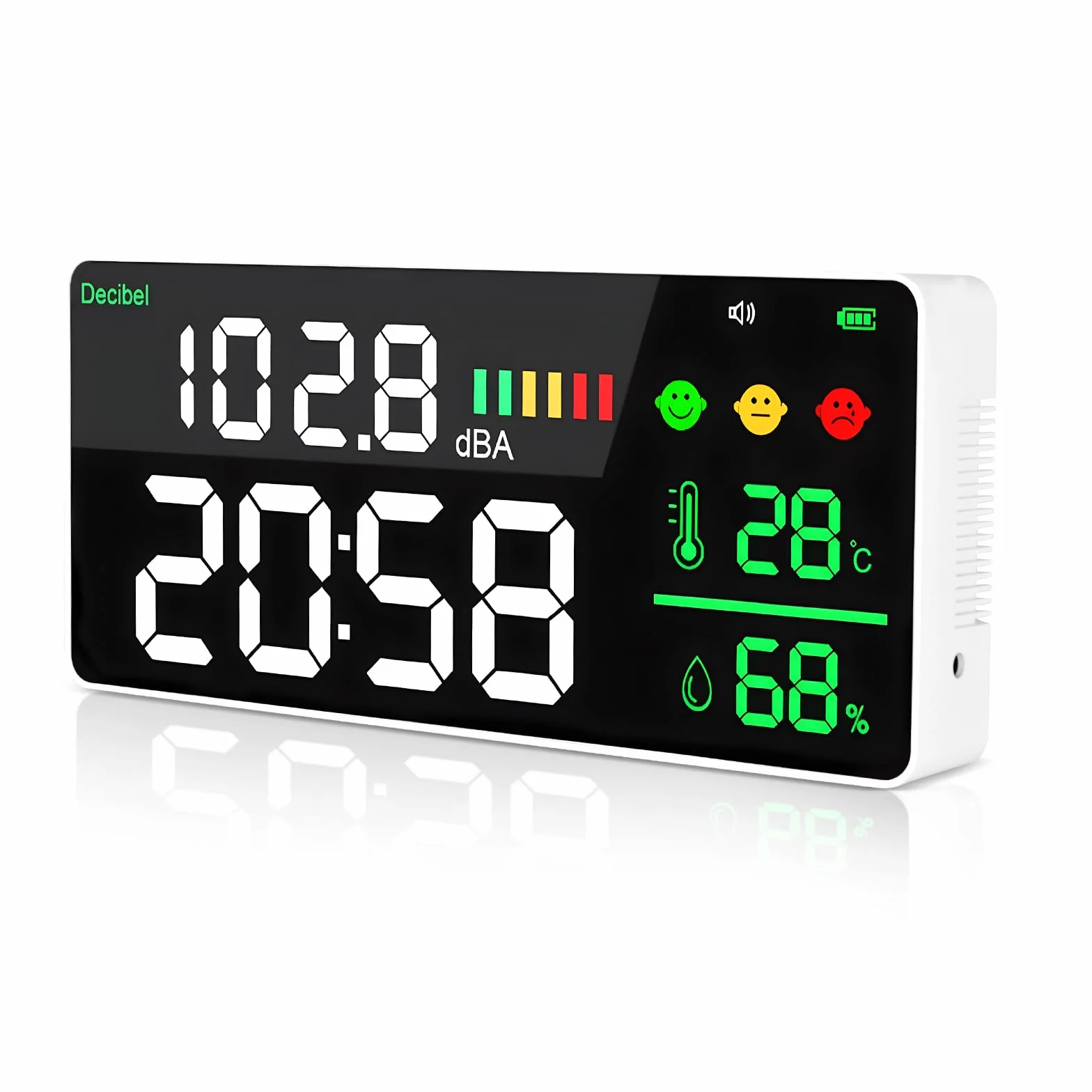 Medidor de Nivel de Sonido Digital Colgante, Decibelímetros Inteligente con Gran Pantalla LCD, Reloj, Detección de Temperatura y Humedad, Decibelios 30~130 dB con Alarma para Monitor de Ruido