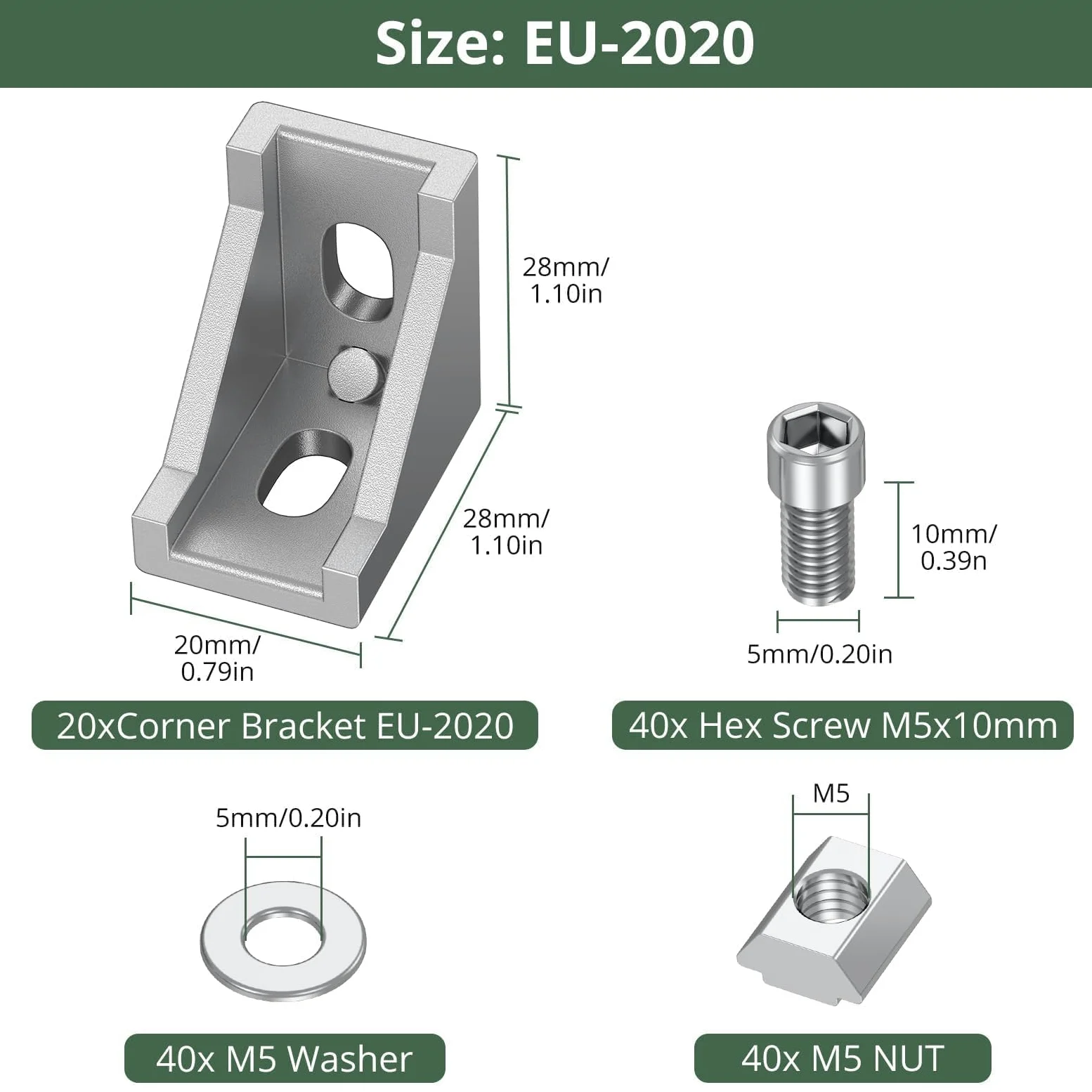 EYPINS Soporte de Esquina Aluminio, 20 PCS Conector de Esquina 90 Grados Recto 2020, Perfil de Extrusión Forma de L con Ranuras de 6mm, con Tornillos Hexagonales M5 y Tuercas en T