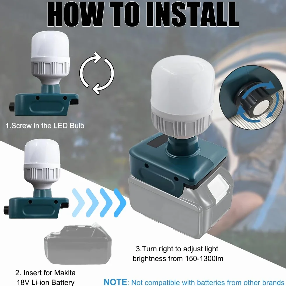 Lámpara de Batería para Makita Batería 18V, Afenau 12W luz de Trabajo con Bombillas E27 Ajustable 350-1300LM, Lámpara Portátil para Obra, Foco de Construcción LED para Batería 18V